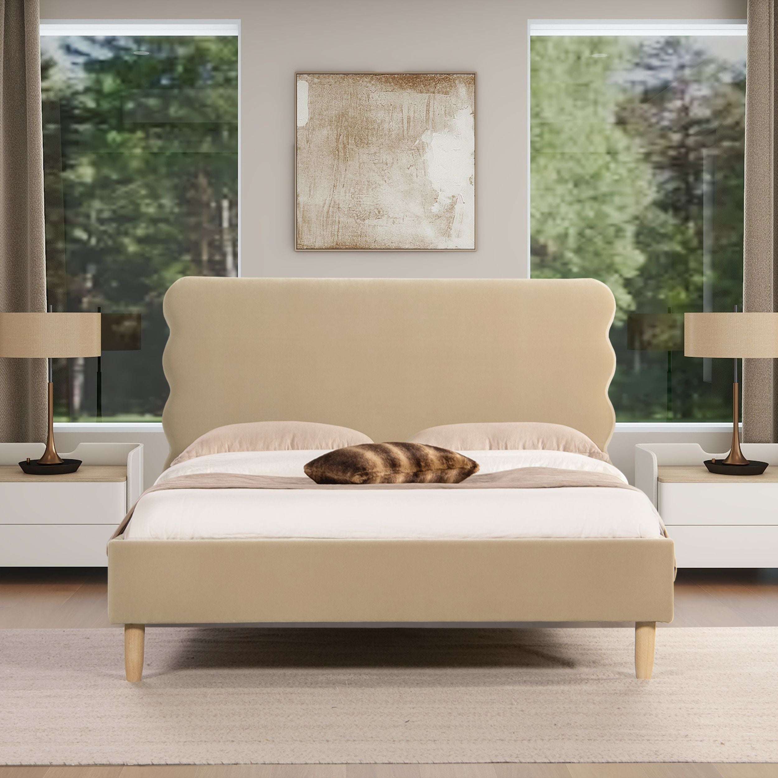 Stockholm Modern Wavy Headboard Platform Bed, Queen, Fawn Brown Performance Velvet