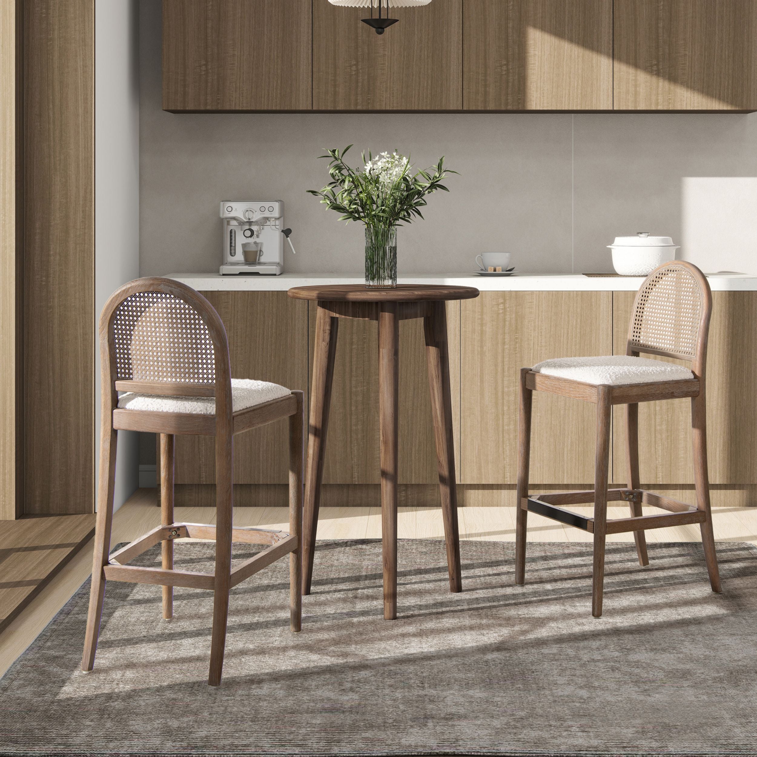 Panama 30.5 Curved Back Cane Rattan Bar Stool, Set of 2, Ivory White Boucle
