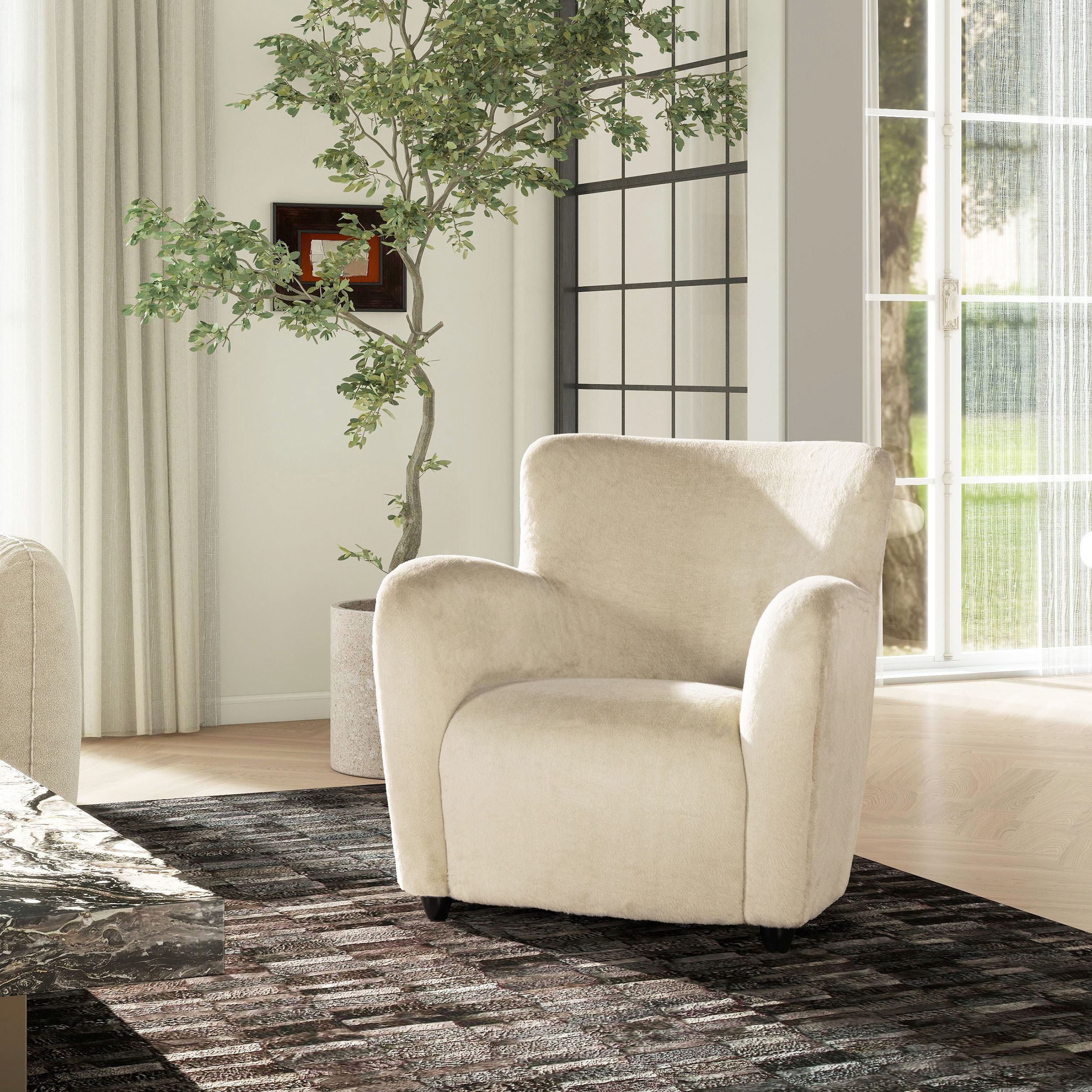 Wolffe 32 Curved Arm Accent Chair, Crme de la Crme White Faux Fur