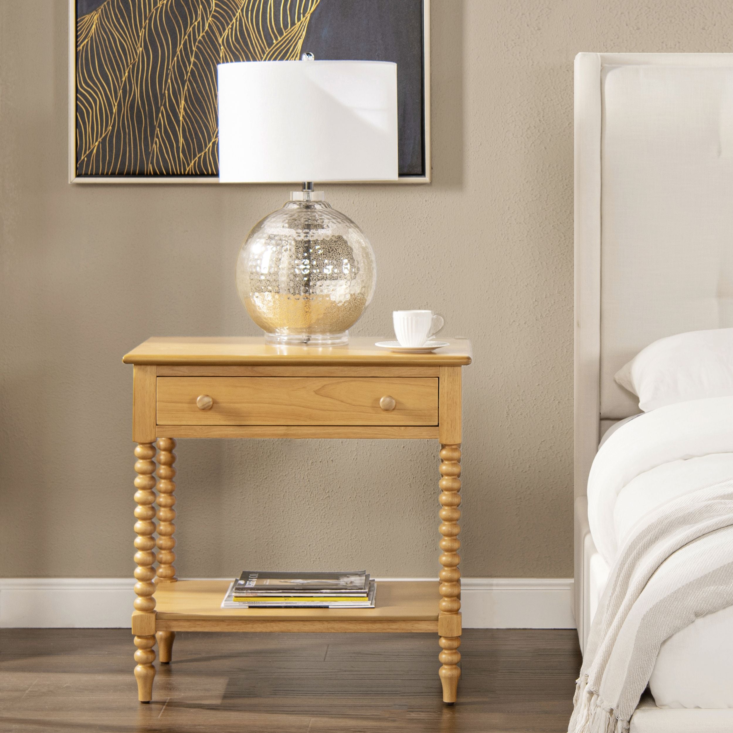 Easton 28 Modern Farmhouse Turned 1-Drawer Storage Side Table with Shelf, Natural Brown Wood