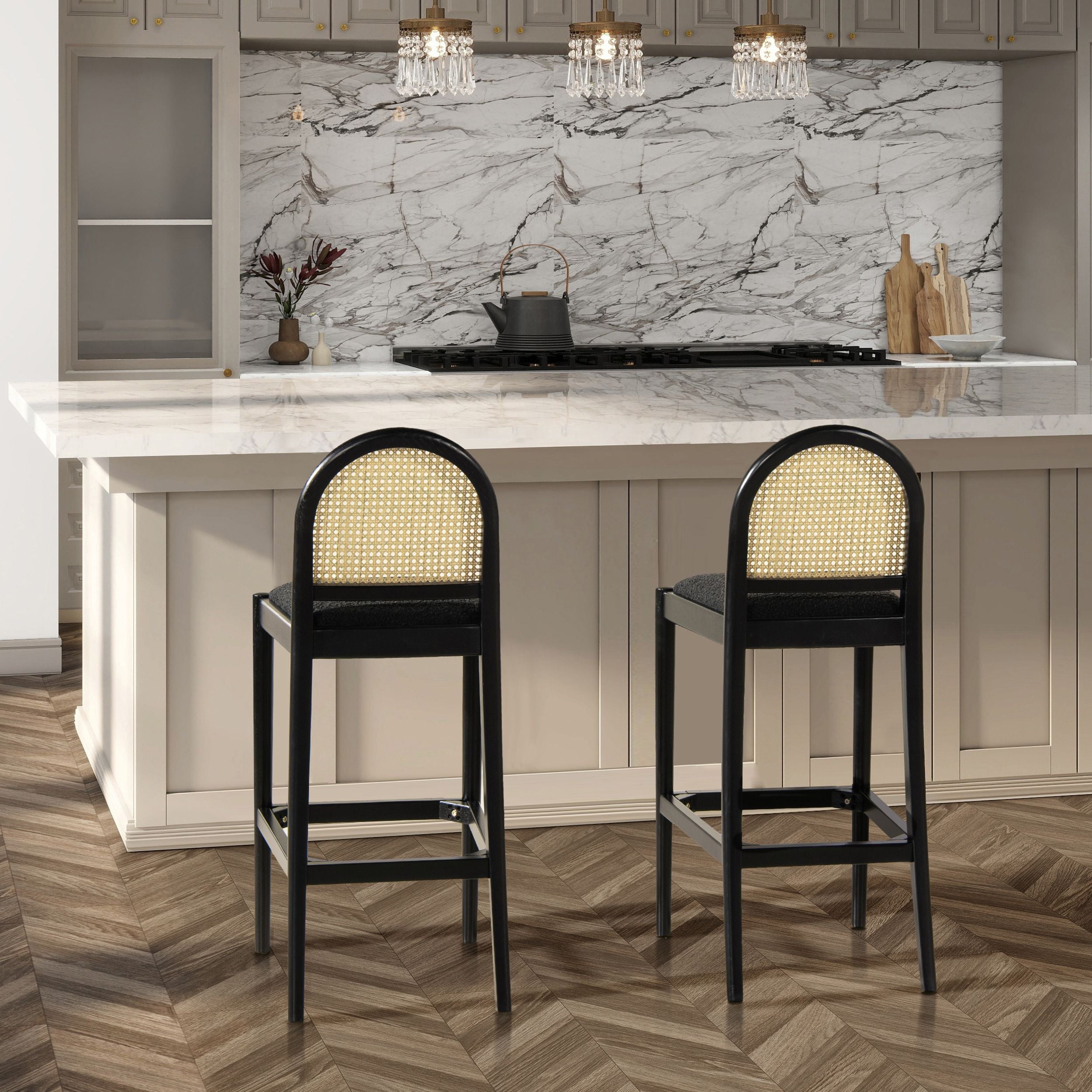 Panama 30.5 Curved Back Cane Rattan Bar Stool, Set of 2, Ebony Black Boucle