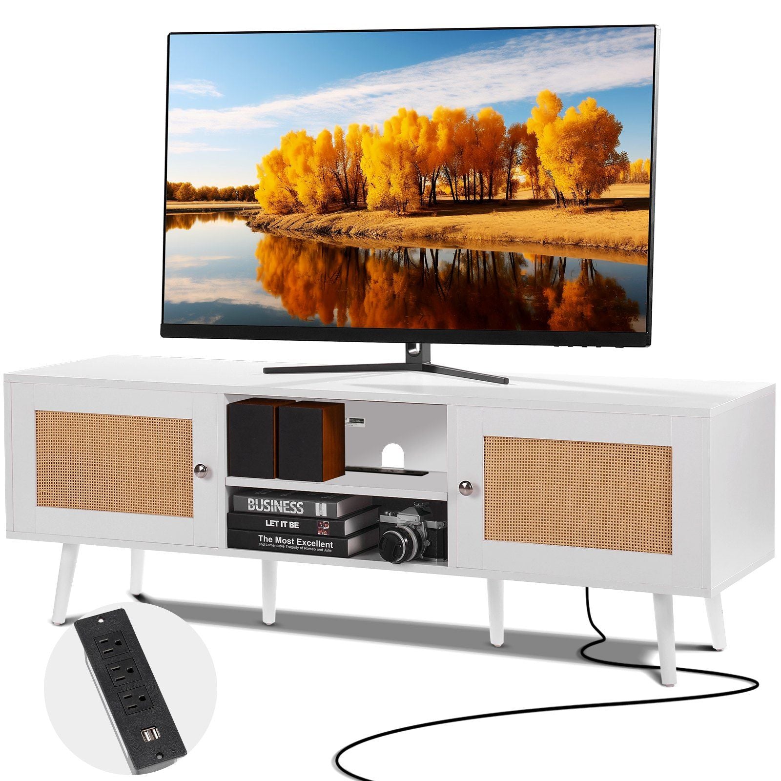 VEVOR Rattan TV Stand for 65 inch TV, Boho TV Stand with Rattan Door, Entertainment Center with Build-in Socket and USB Ports, M