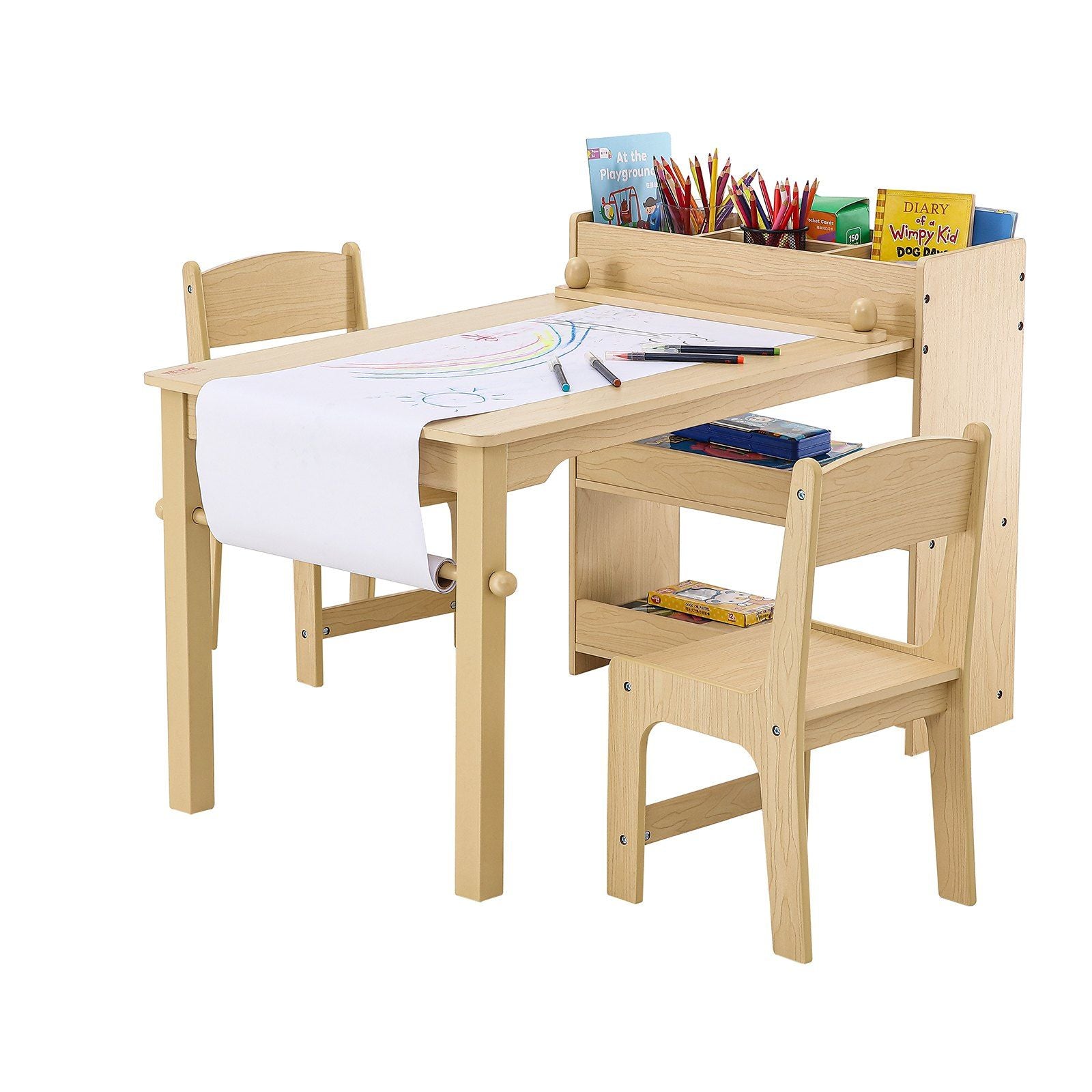 VEVOR Kids Art Table and 2 Chairs, 2-in-1 Toddler Craft and Play Activity Table, Wood Toddler Table and Chair Set with A Cabinet