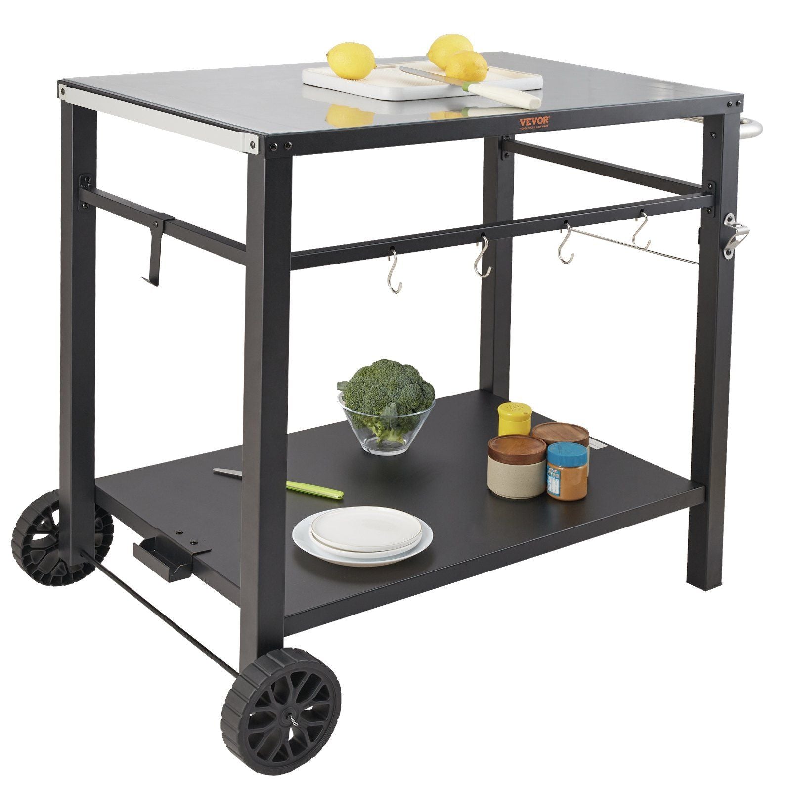 Vevor Outdoor Grill Dining Cart With Double-Shelf, Bbq Movable Food Prep Table, Multifunctional Iron Table Top, Portable Modular