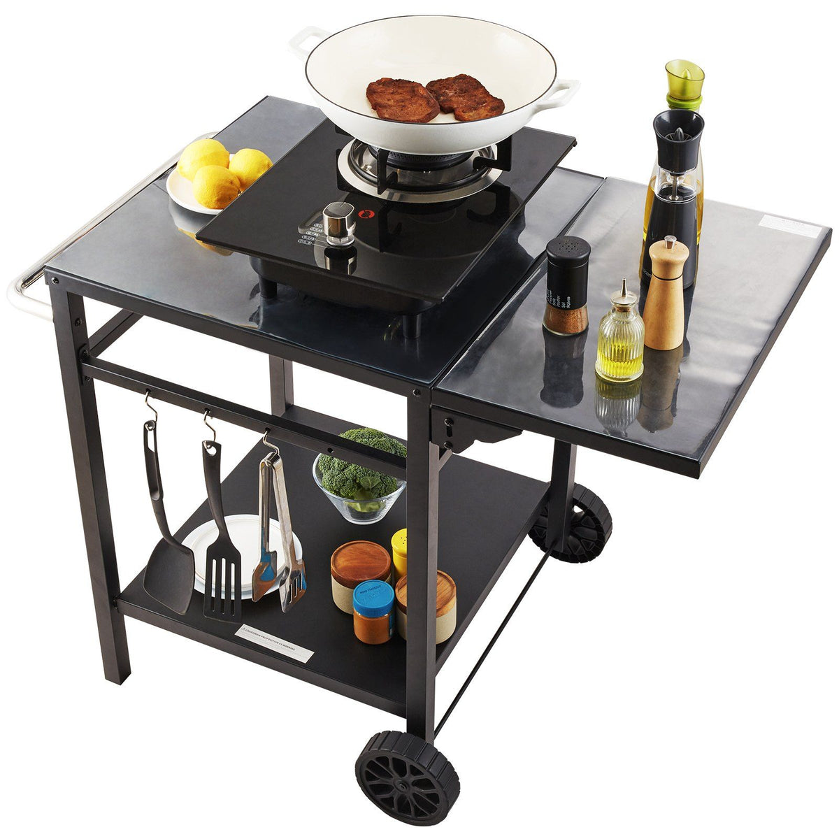 Vevor Outdoor Grill Dining Cart With Double-Shelf, Bbq Movable Food Prep Table, Multifunctional Foldable Iron Table Top, Portabl