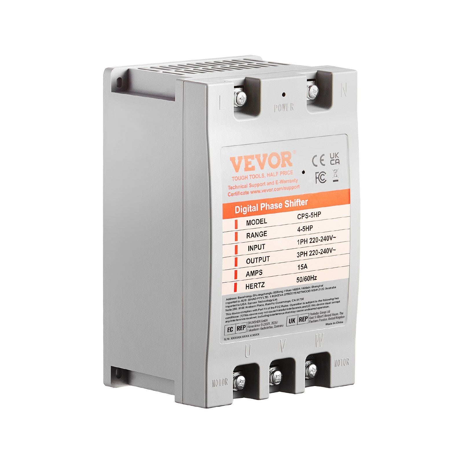 VEVOR 3 Phase Converter - 5HP 15A 220V Single Phase to 3 Phase Converter, Digital Phase Shifter for Residential and Light Commer