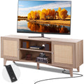 VEVOR Rattan TV Stand, Mid Century Modern TV Stand for 75 inch TV, Boho Rattan TV Cabinet with Build-in Socket and USB Ports, Ad