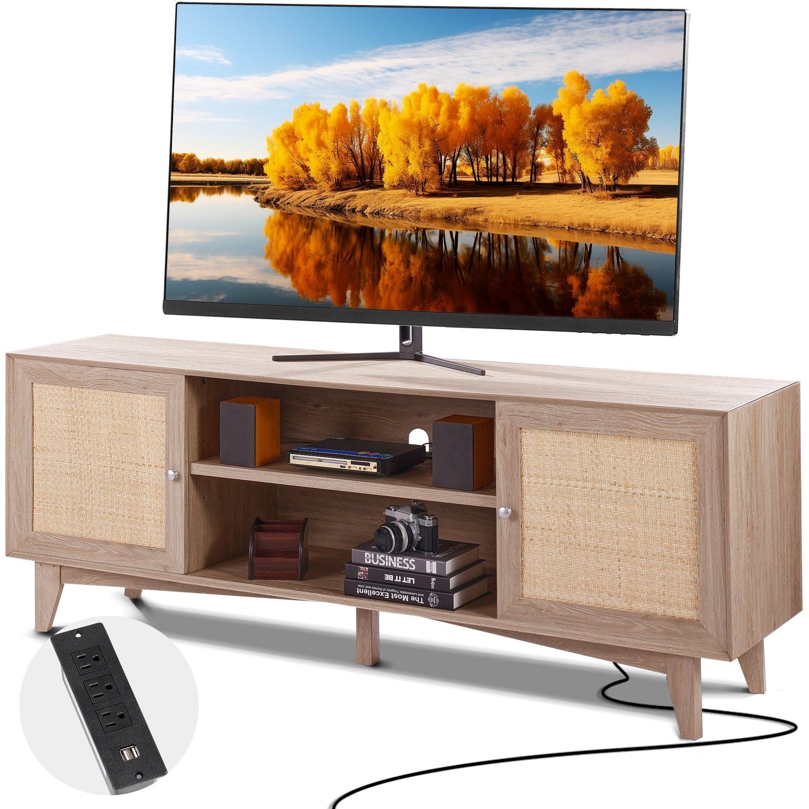 VEVOR Rattan TV Stand, Mid Century Modern TV Stand for 75 inch TV, Boho Rattan TV Cabinet with Build-in Socket and USB Ports, Ad