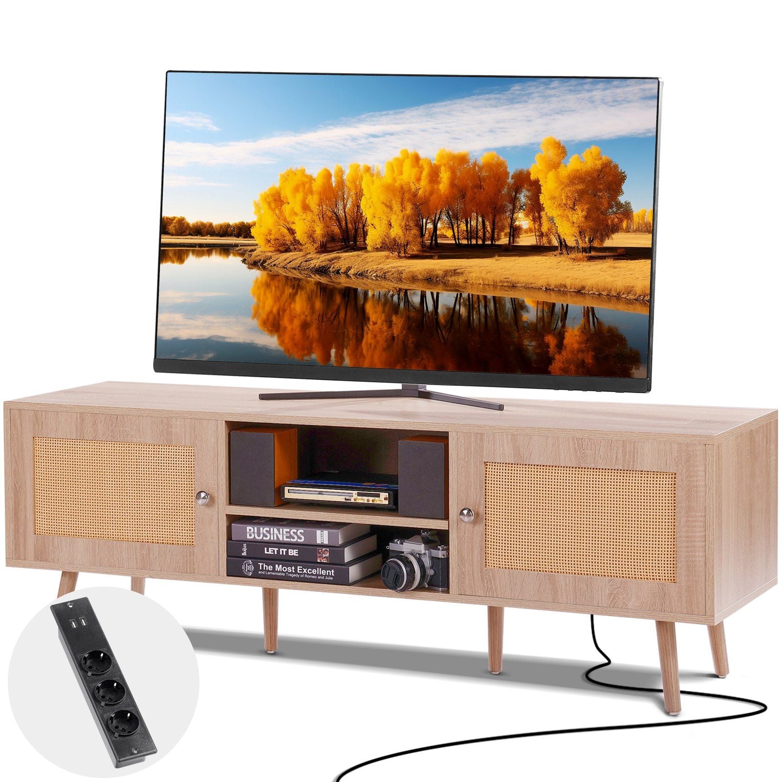 VEVOR Rattan TV Stand, Mid Century Modern TV Stand for 65 inch TV, Boho Rattan TV Cabinet with Build-in Socket and USB Ports, Ad