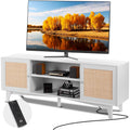 VEVOR Rattan TV Stand for 75in TV, Boho TV Stand with Rattan Door, Entertainment Center with Build-in Socket, Storage Cabinet wi