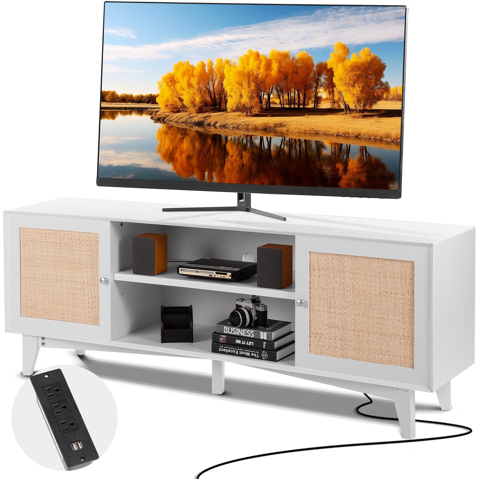 VEVOR Rattan TV Stand for 75in TV, Boho TV Stand with Rattan Door, Entertainment Center with Build-in Socket, Storage Cabinet wi