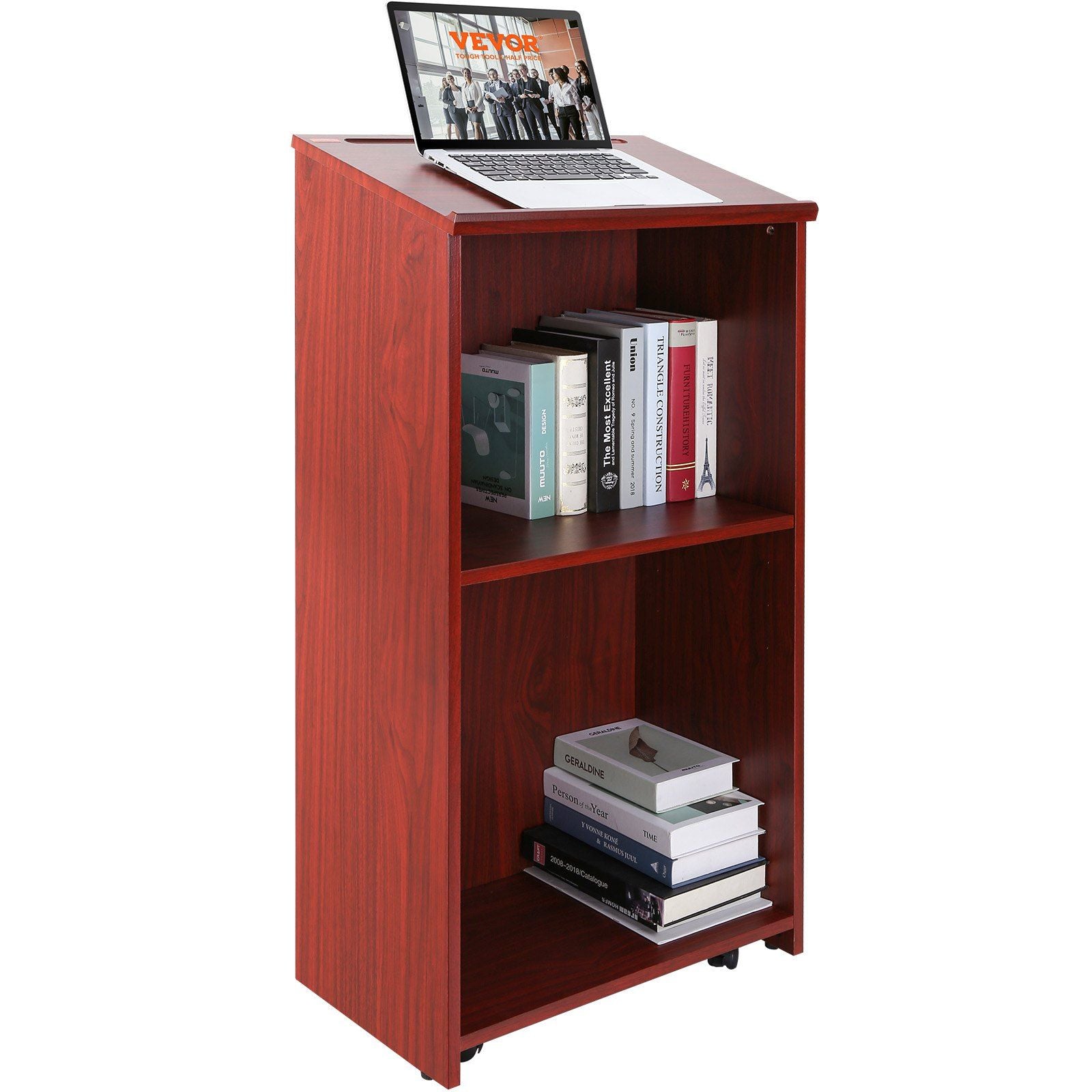 VEVOR Podium Stand, 47 inch Hostess Stand with 4 Rolling Wheels, Wood Podium with Storage Shelves and Slant Desktop, Lecterns & 