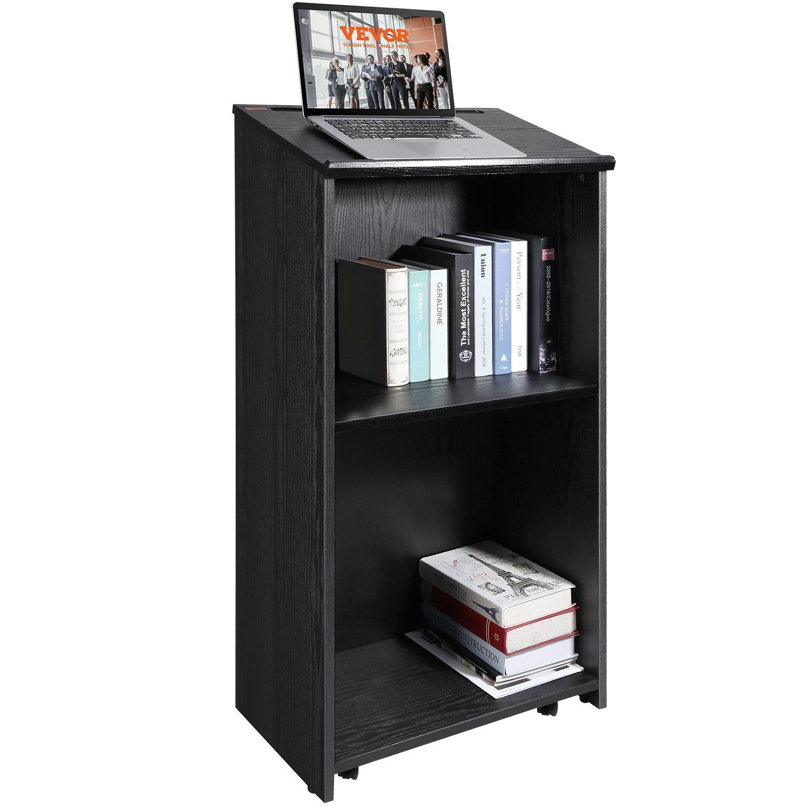 VEVOR Podium Stand, 47 in Hostess Stand with 4 Rolling Wheels, Wood Podium with Storage Shelves, and Slant Desktop, Lecterns & P