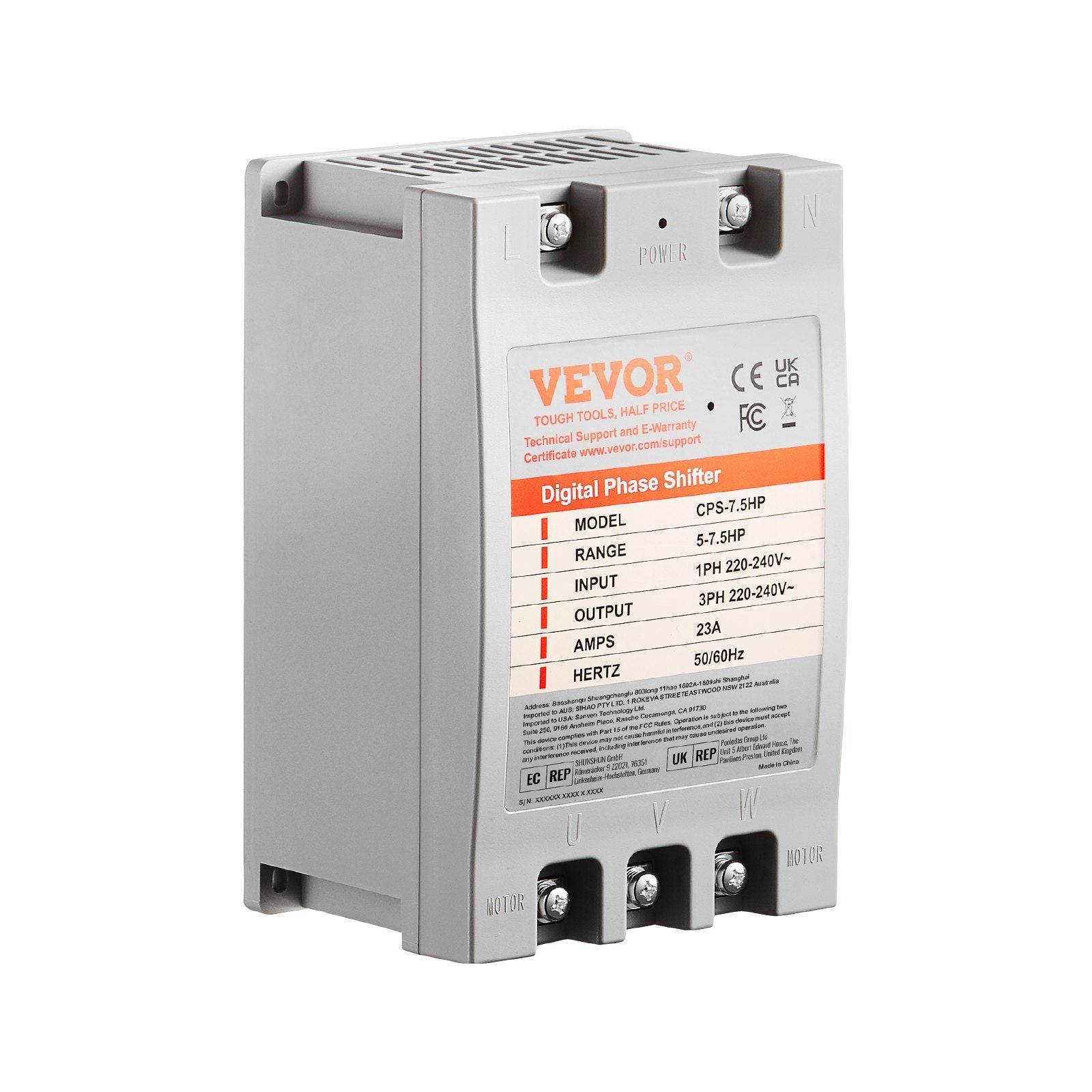 VEVOR 3 Phase Converter- 7.5HP 23A 220V Single Phase to 3 Phase Converter, Digital Phase Shifter for Residential & Light Commerc