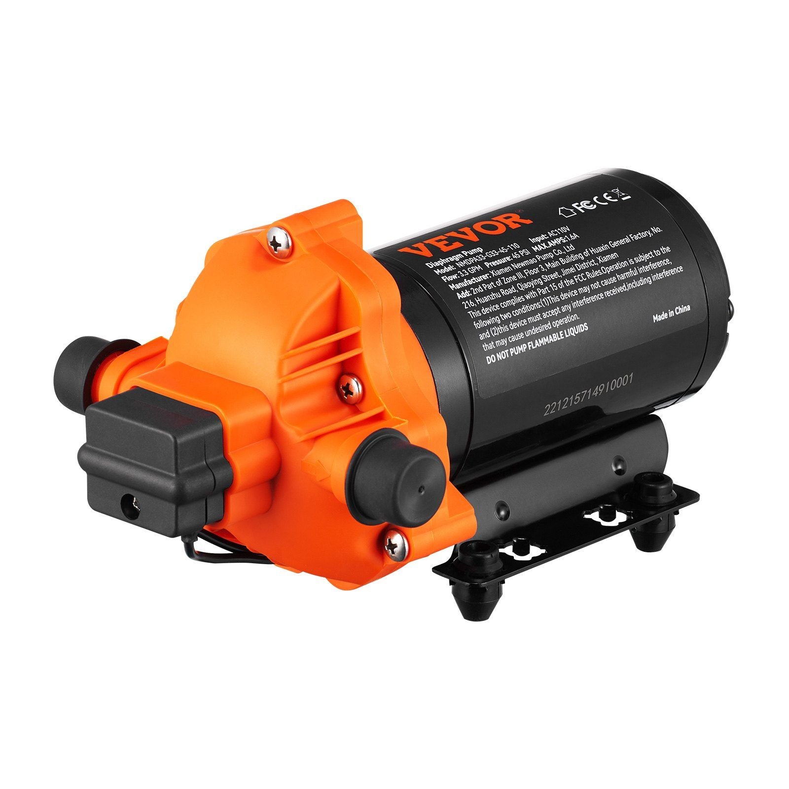 Vevor Water Diaphragm Pump, 110V Ac, 3.3 Gpm Flow, 45 Psi Rated Pressure (40-80 Psi Adjustable), 1/2' Mnpt Self Priming Sprayer