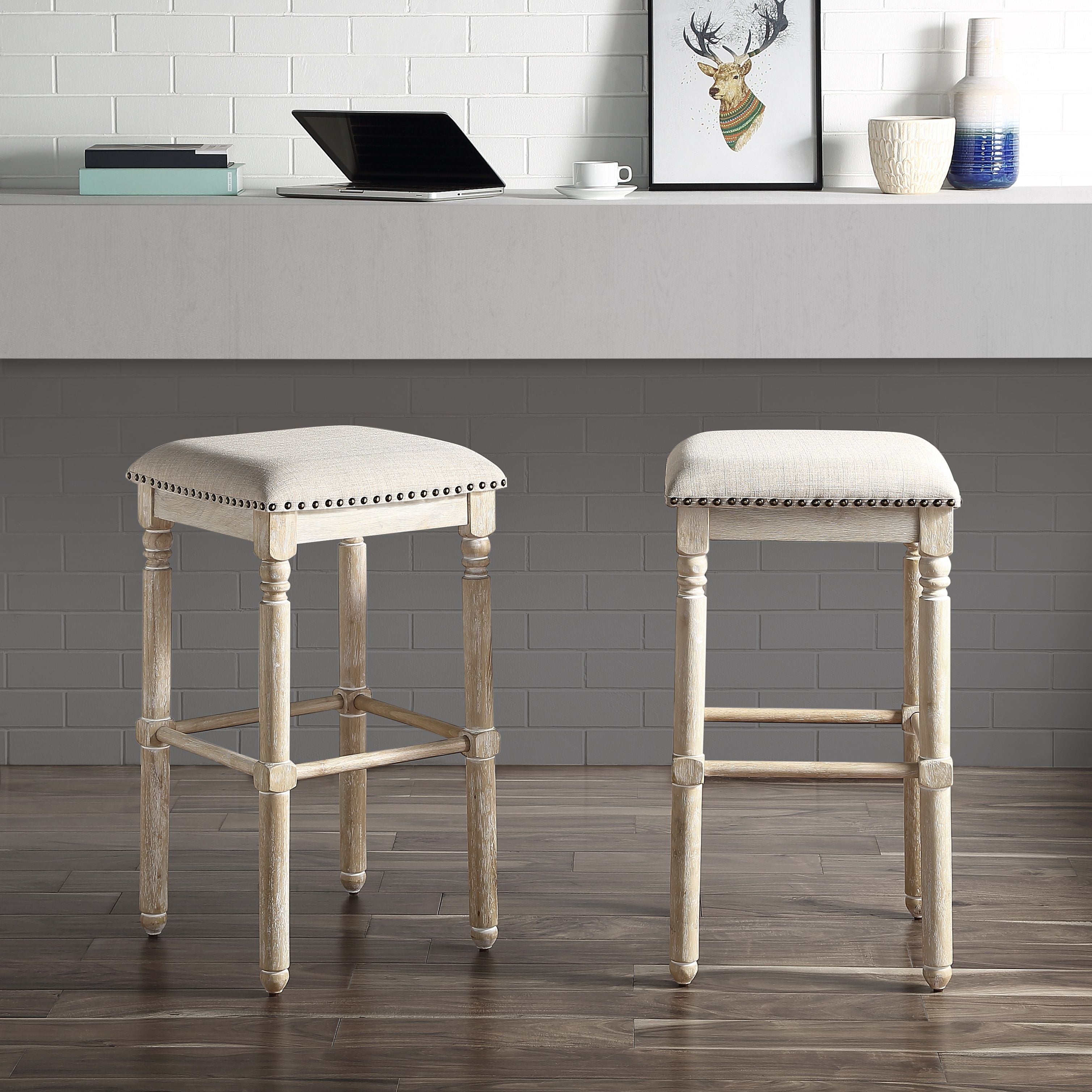 Arnhem Wood Upholstered Swivel Bar Stools, Set of 2, Tan