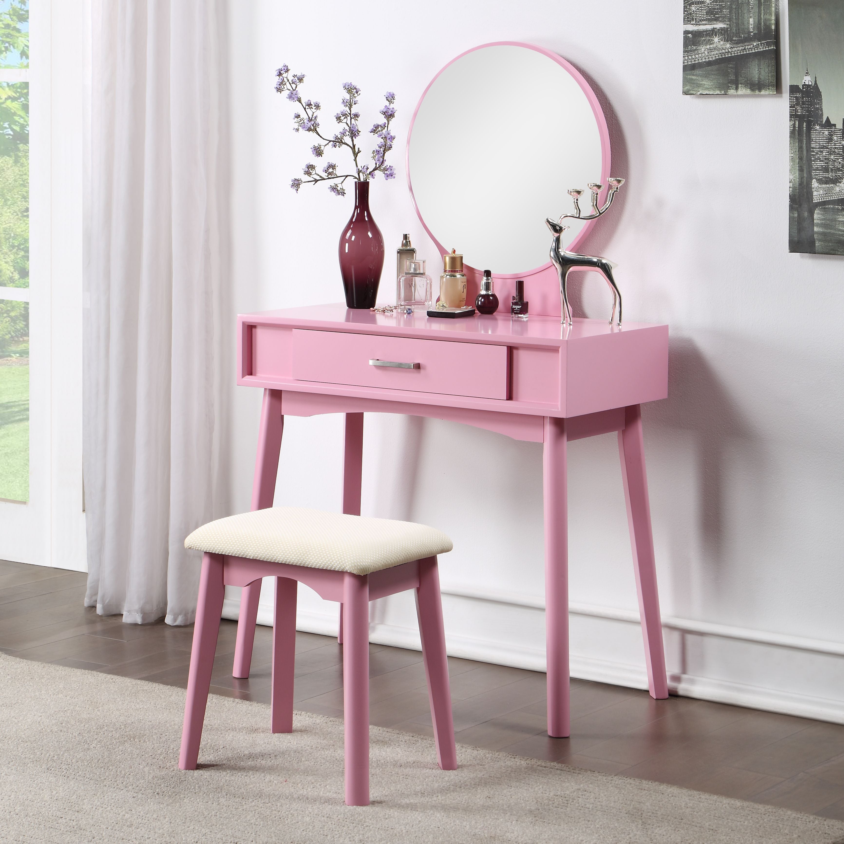 Maly Contemporary Wood Vanity and Stool Set