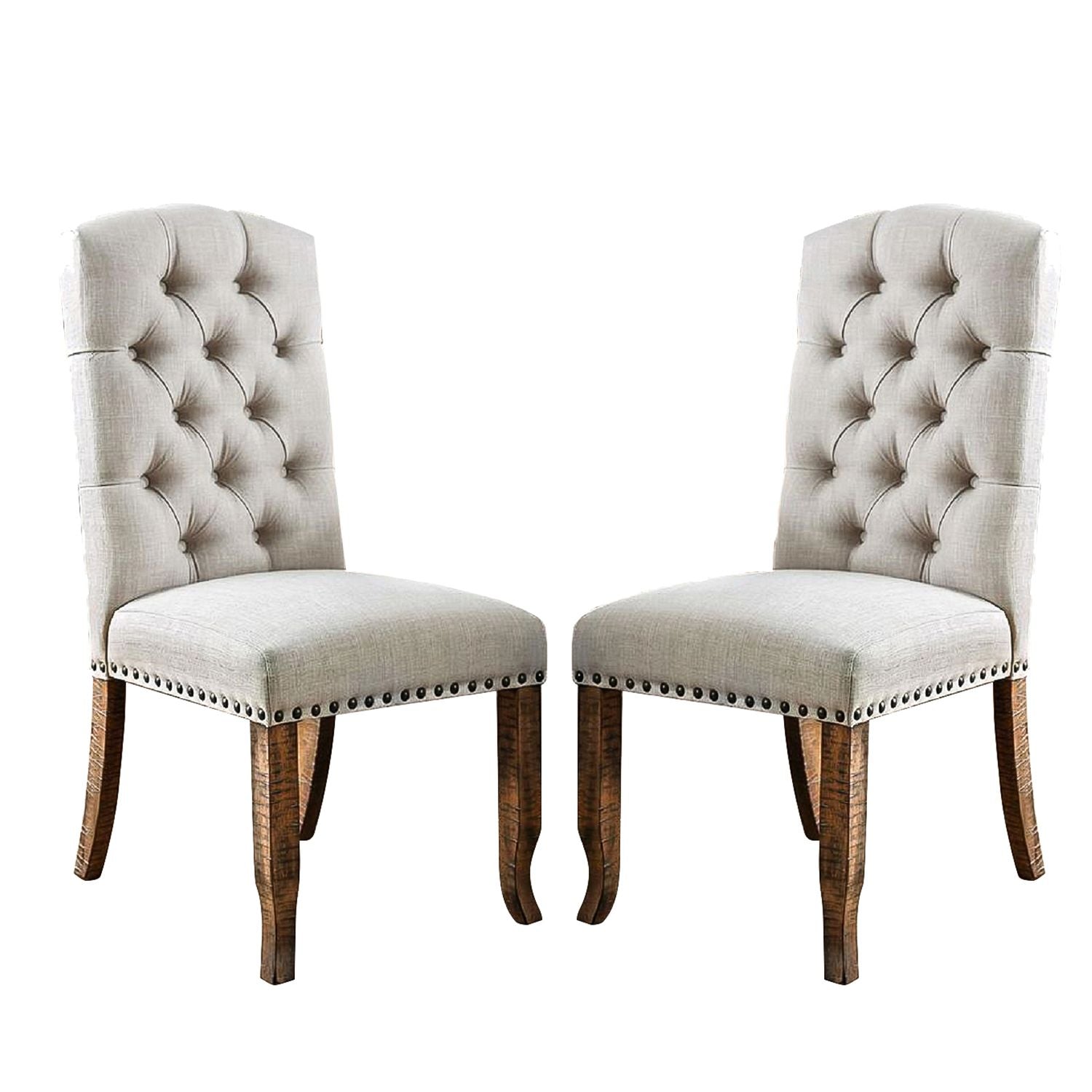 Set of 2 Ivory Fabric Upholstered Dining Chairs in Rustic Oak Finish