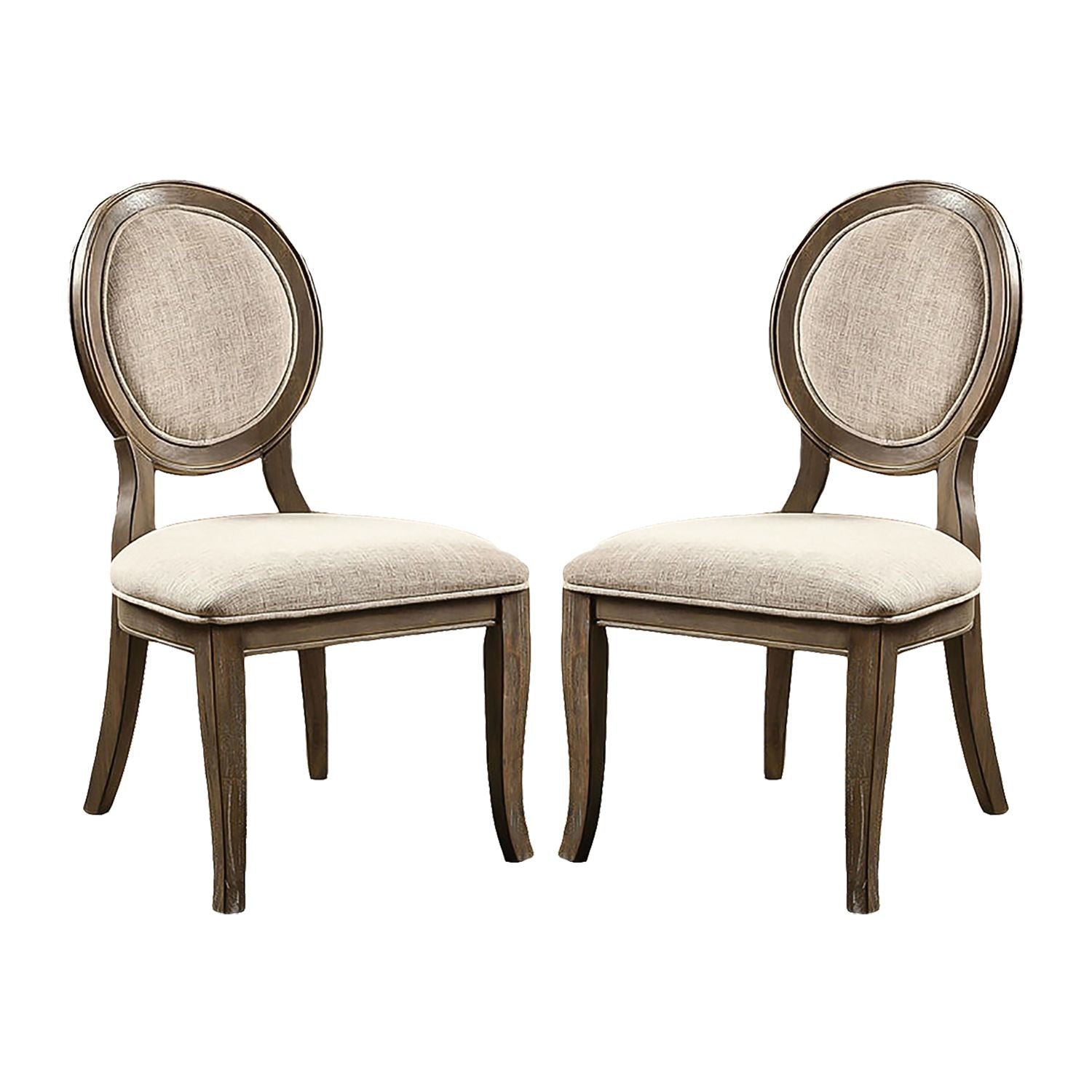 Set of 2 Padded Beige Fabric Dining Chairs in Rustic Oak Finish