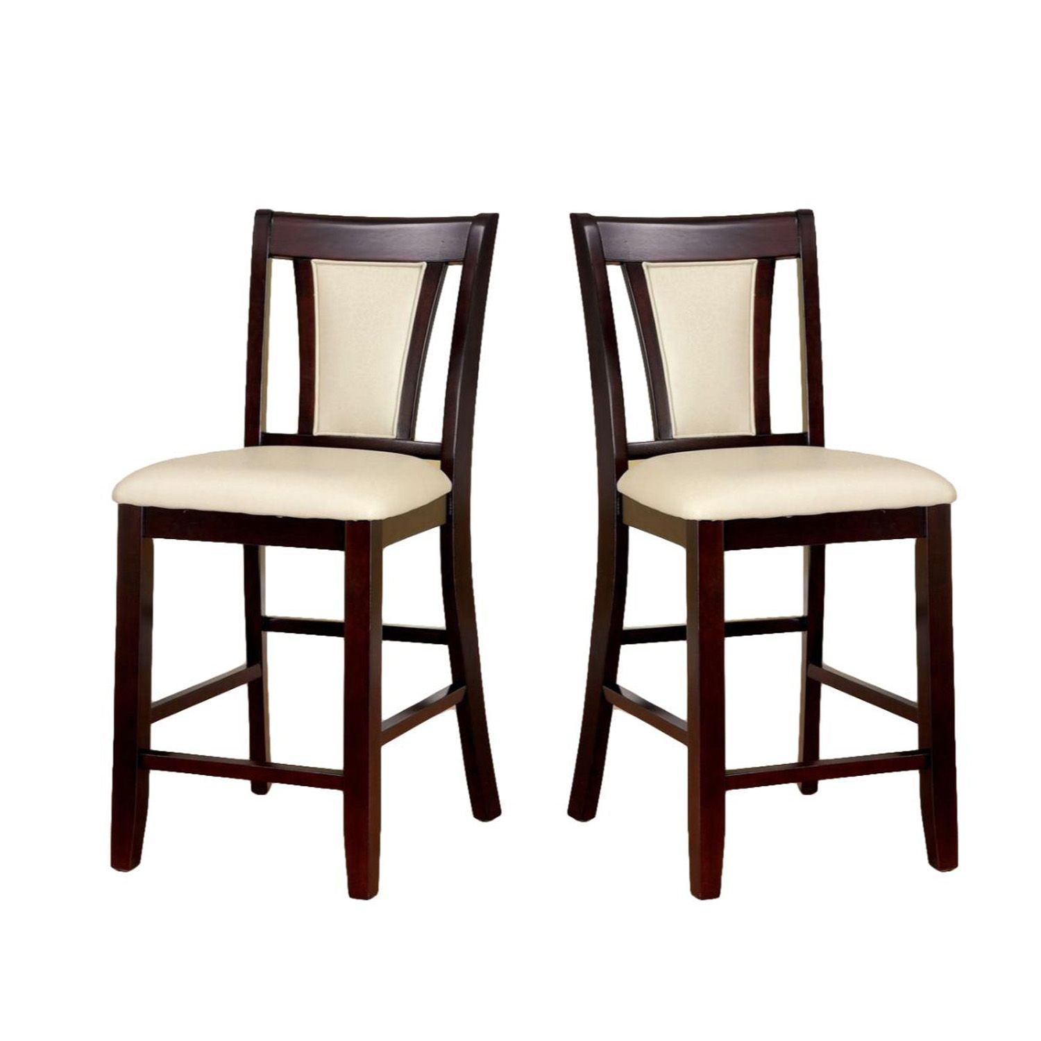 Set of 2 Padded Ivory Leatherette Counter Height Chairs in Dark Cherry Finish