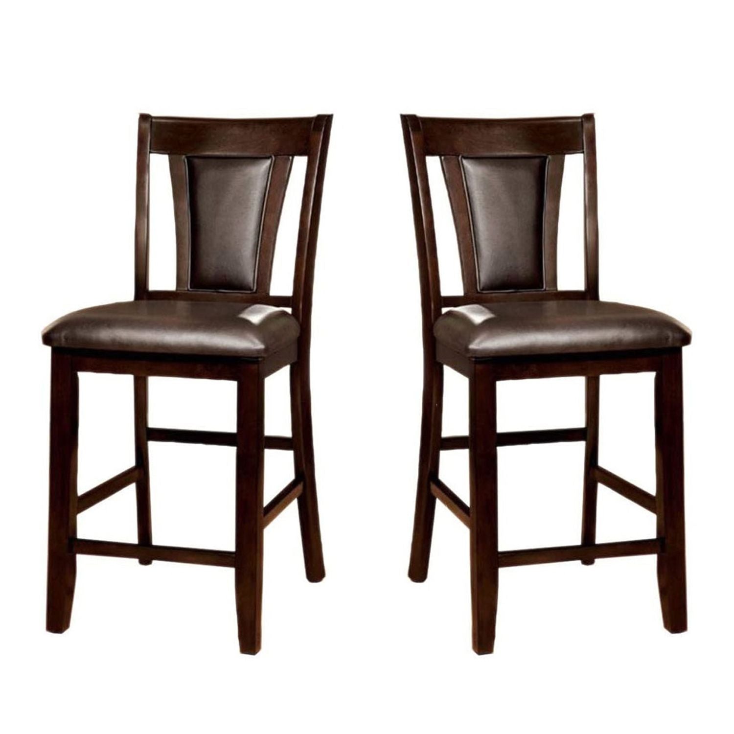 Set of 2 Padded Espresso Leatherette Counter Height Chairs in Dark Cherry Finish