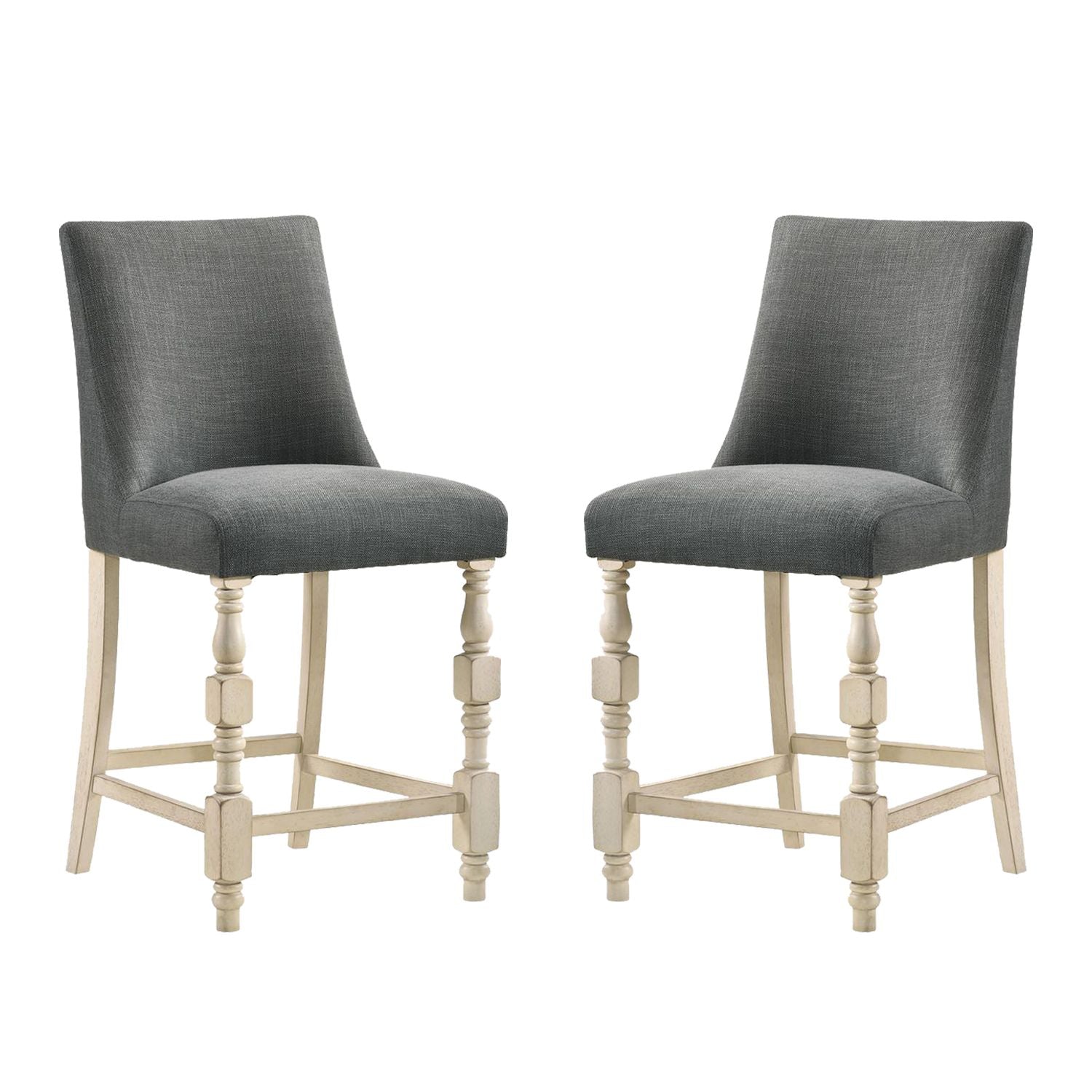 Set of 2 Upholstered Dark Gray Fabric Counter Height Chairs in Ivory Finish