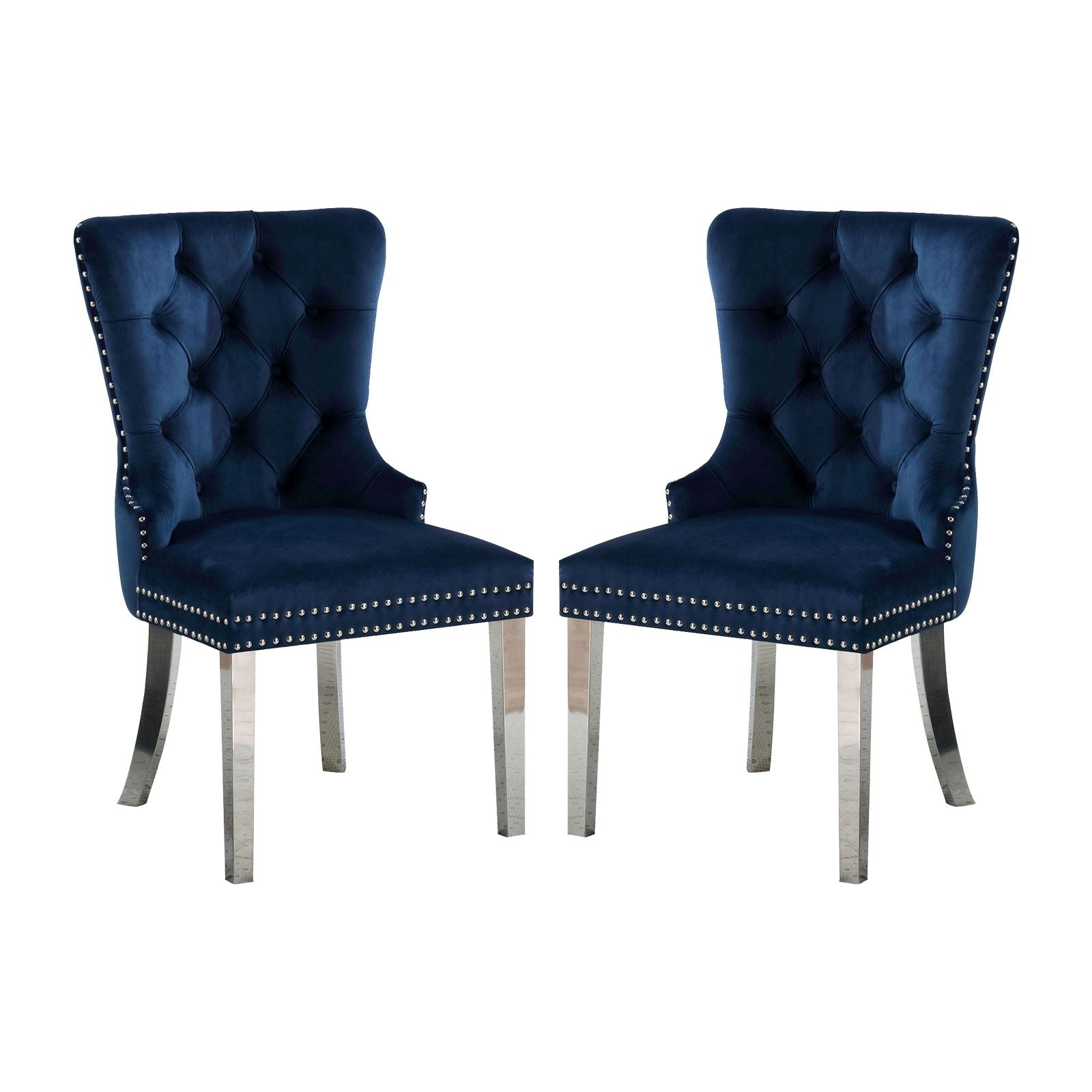Set of 2 Wingback Dining Chairs with Button Tufted Back in Blue and Chrome