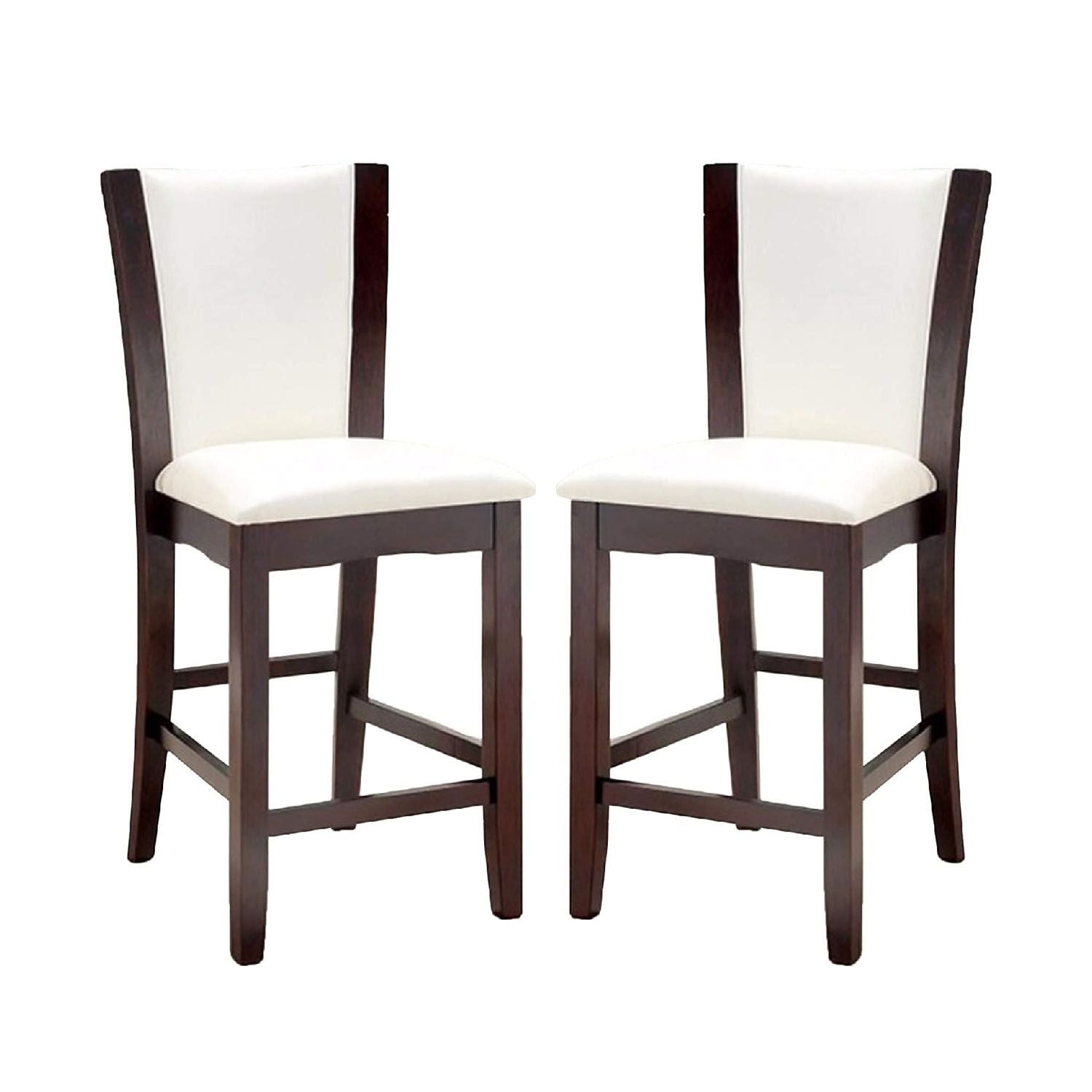 Set of 2 Padded White Leatherette Counter Height Chairs in Dark Cherry