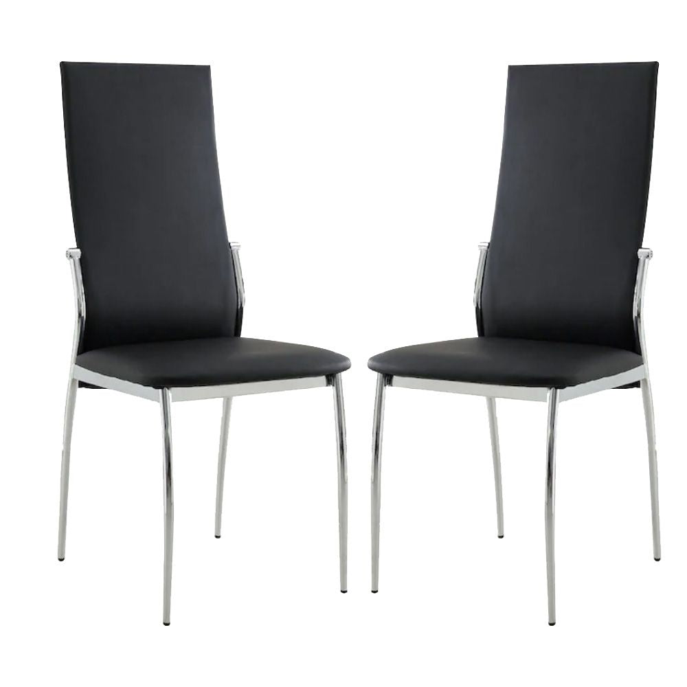Set of 2 Padded Black Leatherette Dining Chairs in Chrome Finish