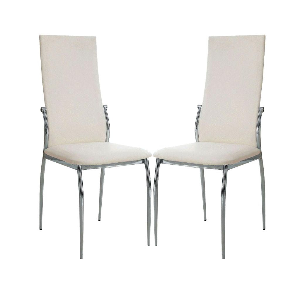 Set of 2 Padded White Leatherette Dining Chairs in Chrome Finish