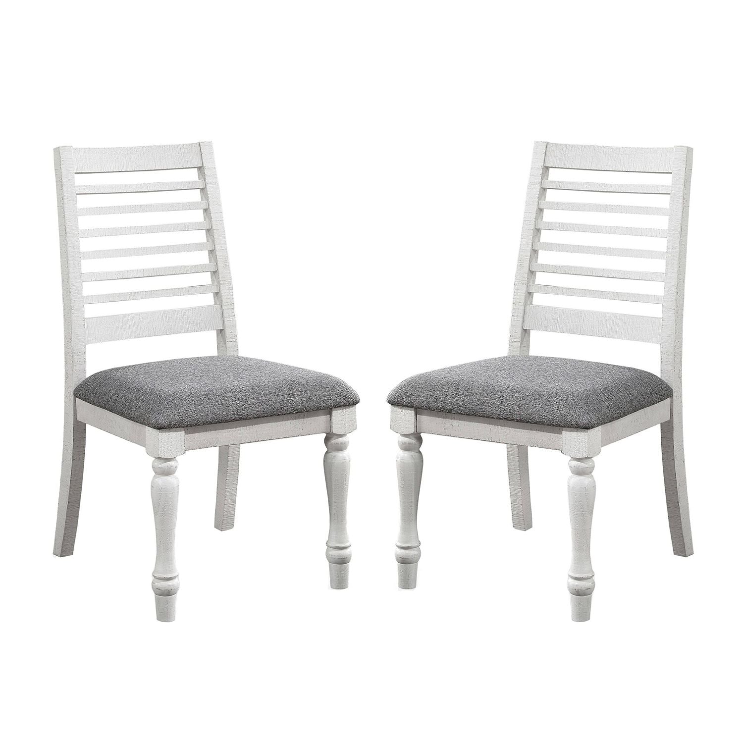 Set of 2 Padded Fabric Dining Chairs with Ladder Back in Antique White and Gray