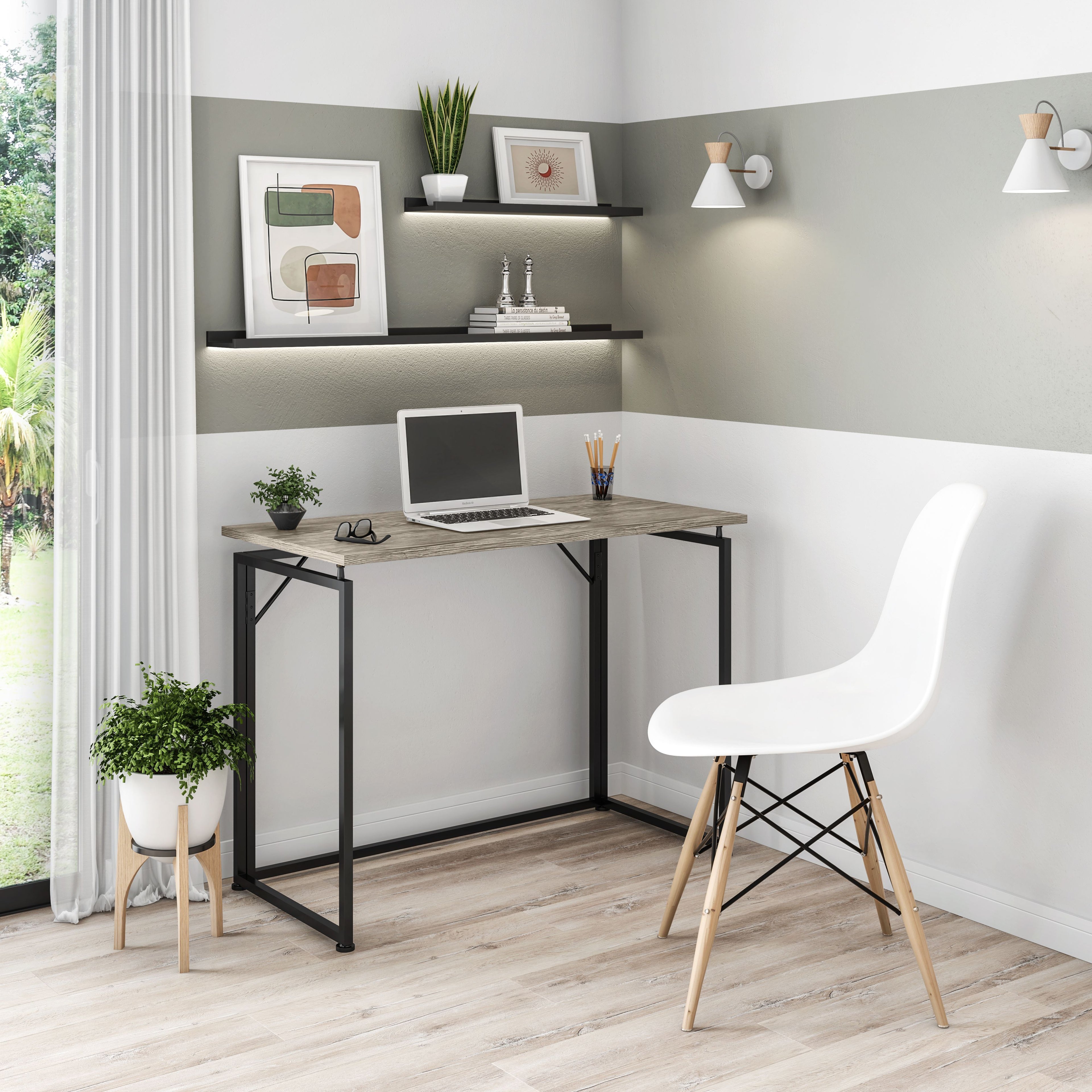 Techni Mobili Space Saving Folding Desk - Compact Foldable Computer Desk For Home Office, Bedroom, Or Dorm – Sturdy, Small Folding Table With Modern Design (Gray)