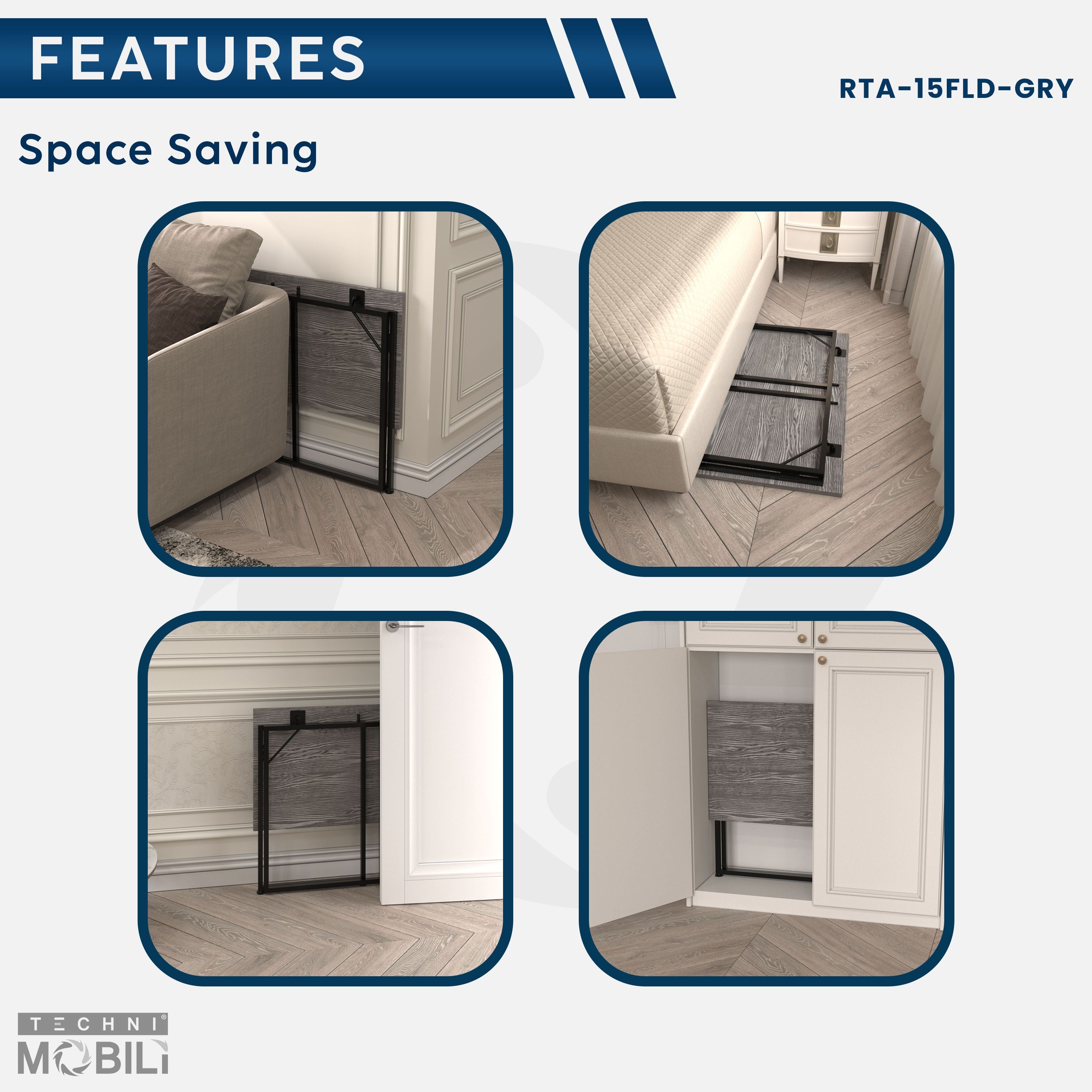 Techni Mobili Space Saving Folding Desk - Compact Foldable Computer Desk For Home Office, Bedroom, Or Dorm – Sturdy, Small Folding Table With Modern Design (Gray)