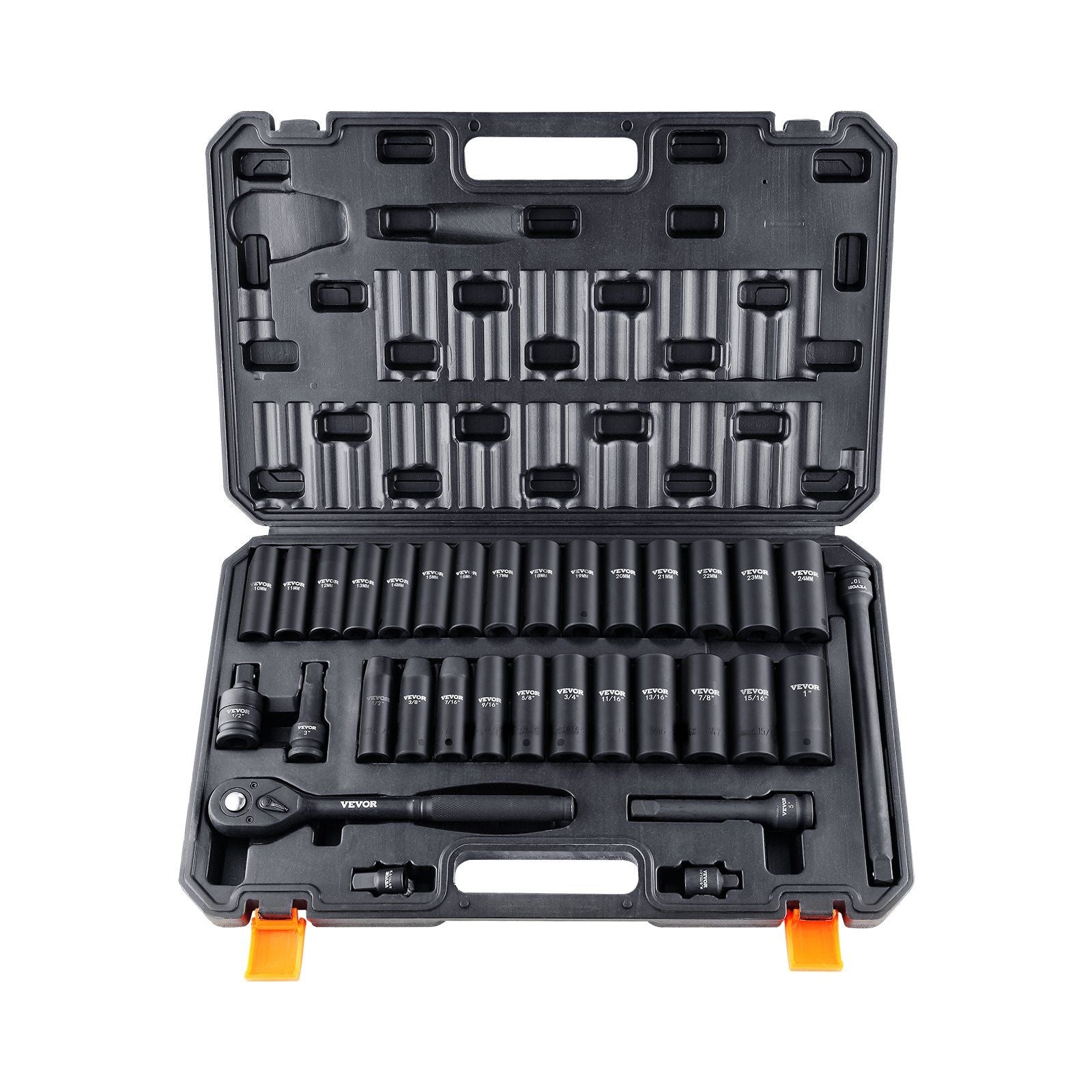 VEVOR 1/2 Drive Impact Socket Set, 33 Piece Socket Set SAE 3/8-1 and Metric 10-24mm, 6 Point Cr-V Alloy Steel for Auto Repair, E
