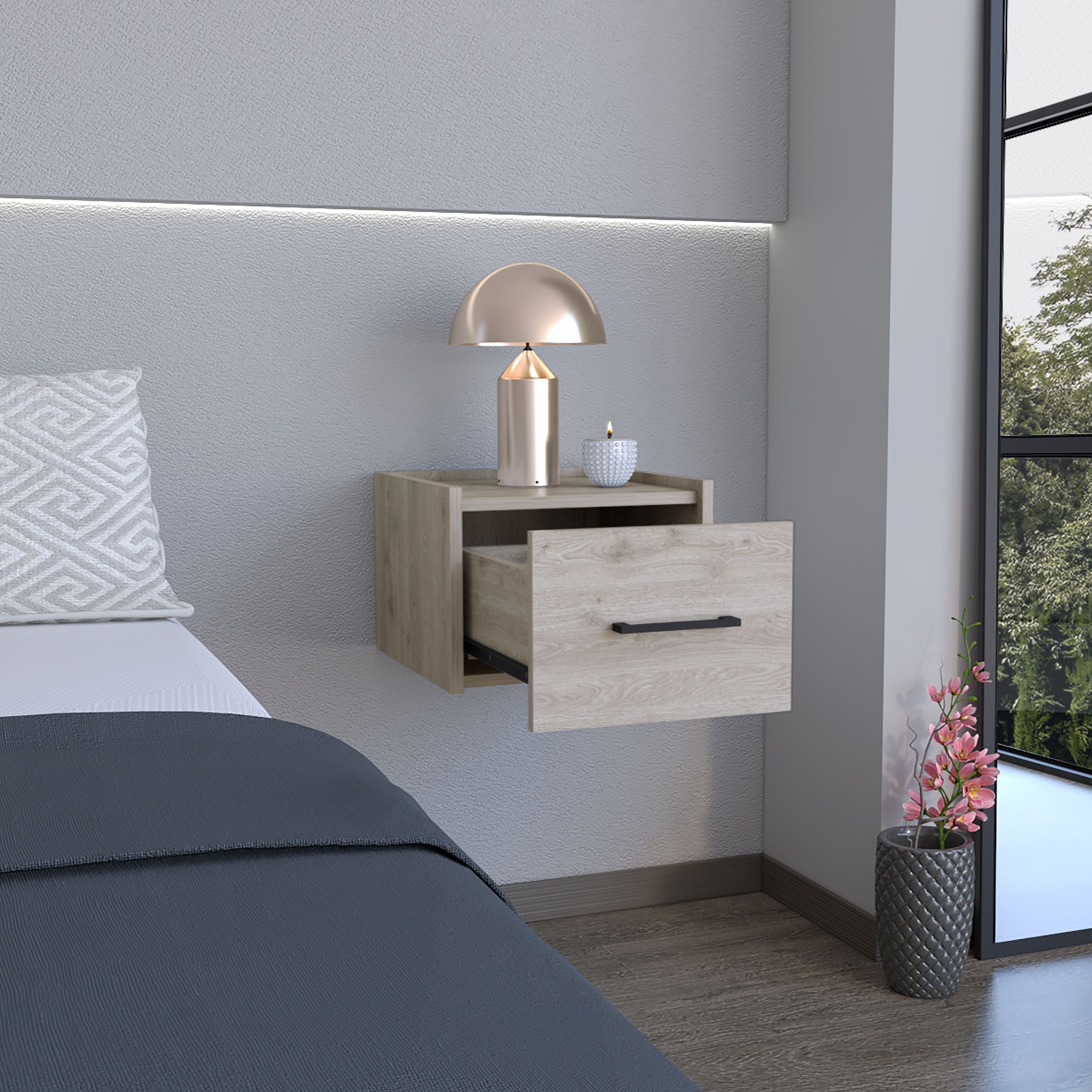 Depot E-Shop Yorktown Floating Nightstand, Space-Saving Design With Handy Drawer And Surface, Light Gray