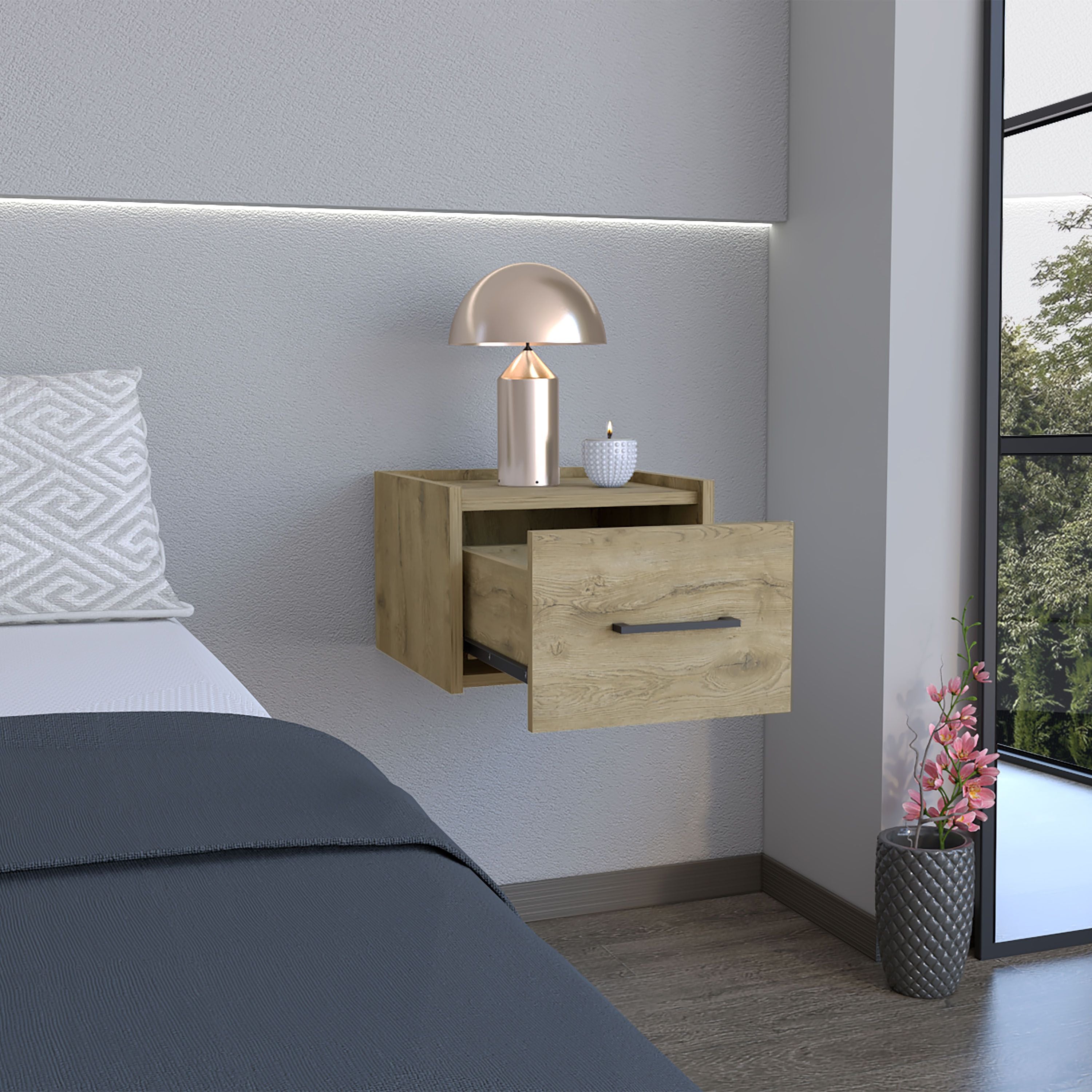 Depot E-Shop Yorktown Floating Nightstand, Space-Saving Design With Handy Drawer And Surface, Macadamia