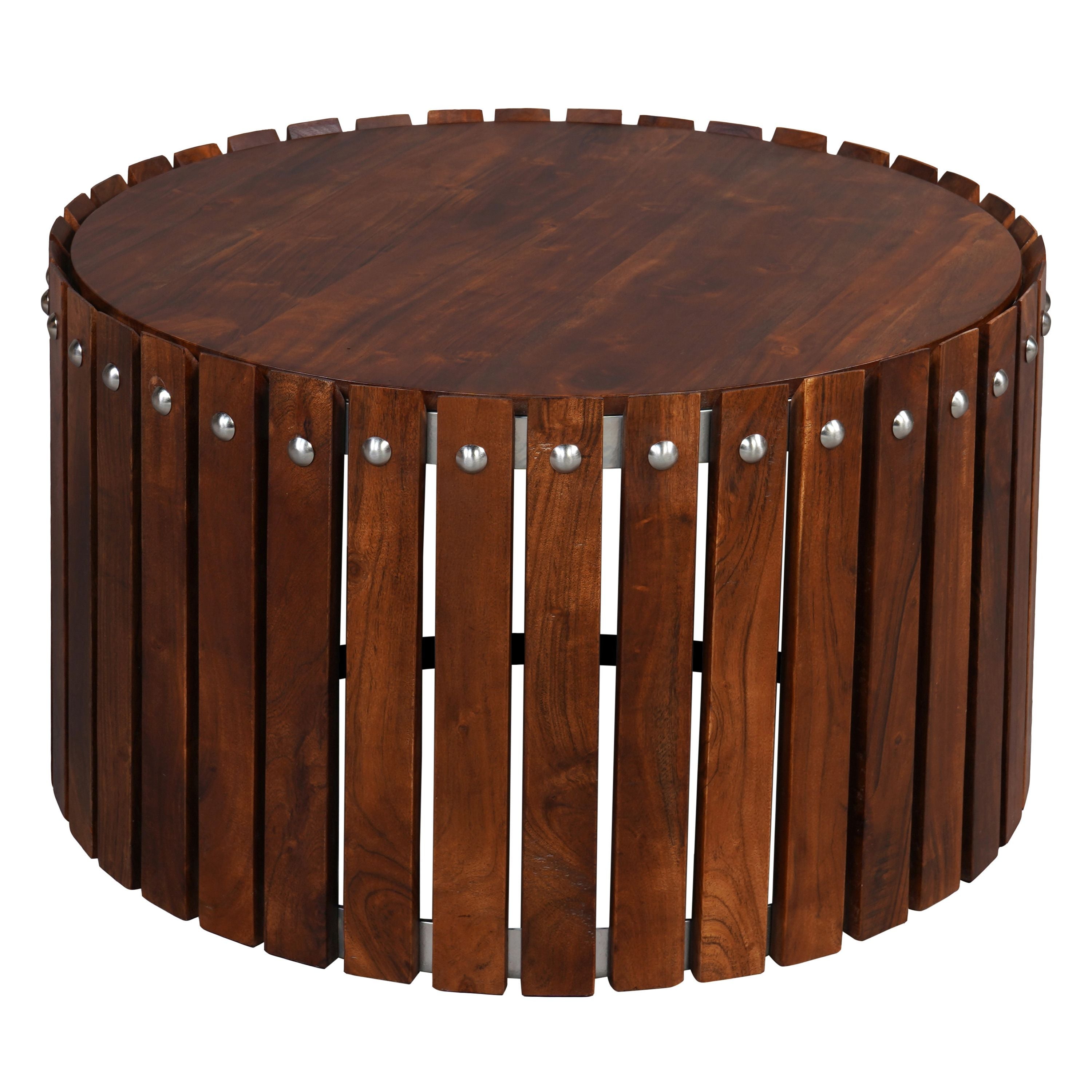 Myla 31 Inch Handcrafted Round Coffee Table with Vertical Planks, Iron Rivets, Dark Walnut Brown Acacia Wood
