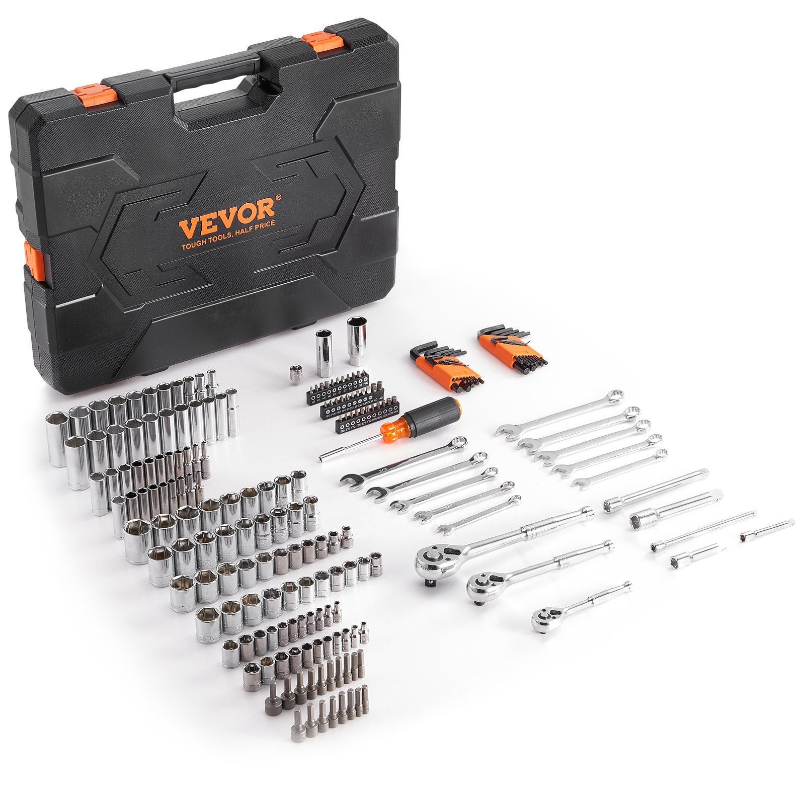 VEVOR Mechanics Tool Set and Socket Set, 1/4 3/8 1/2 Drive Deep and Standard Sockets, 205 Pcs SAE and Metric Mechanic Tool Kit w