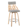 York Mid-Century Modern 26 Counter Stool in Natural Wood and Light Grey Fabric with Chrome Footrest by LumiSource