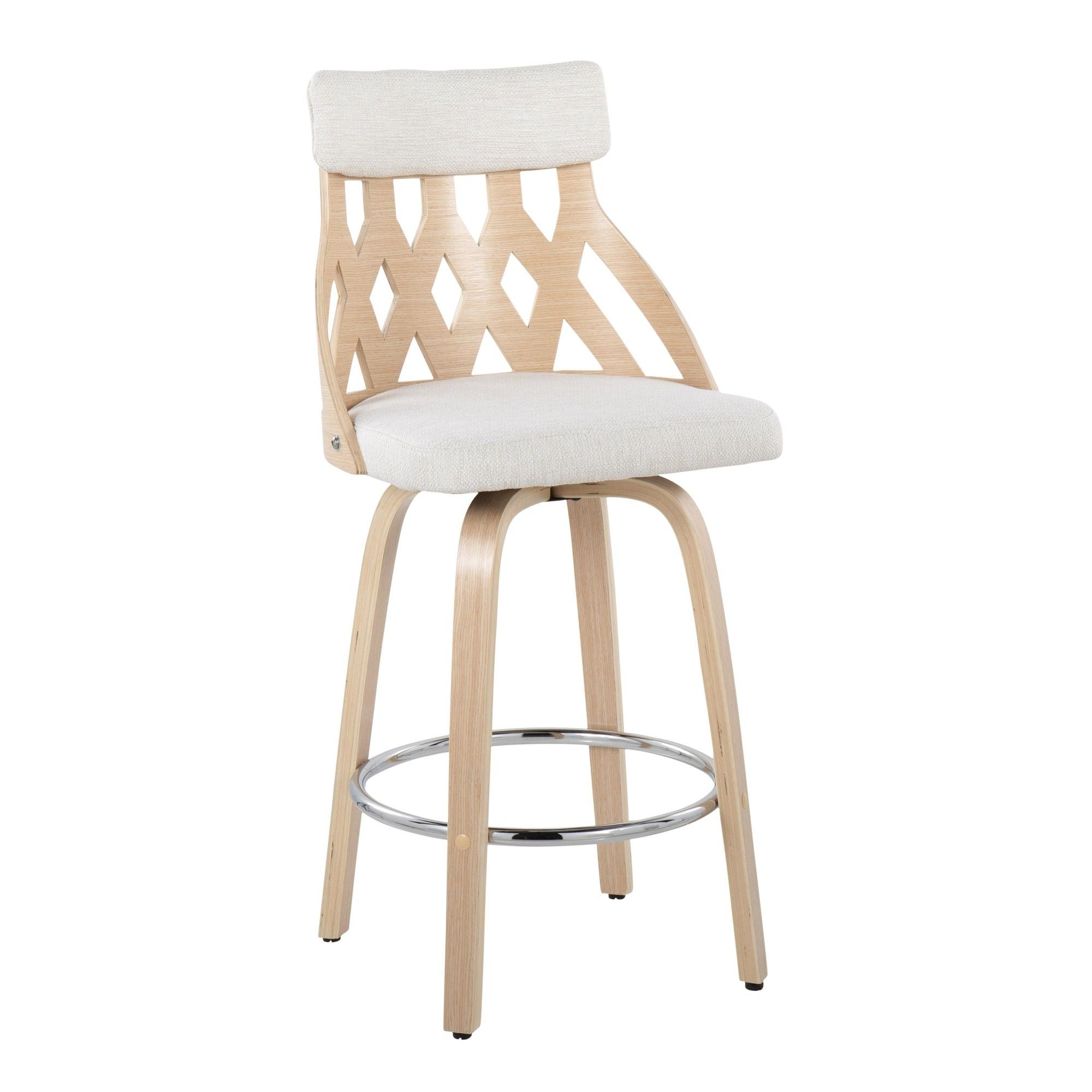 York Mid-Century Modern 26 Counter Stool in Natural Wood and Cream Fabric with Chrome Footrest by LumiSource