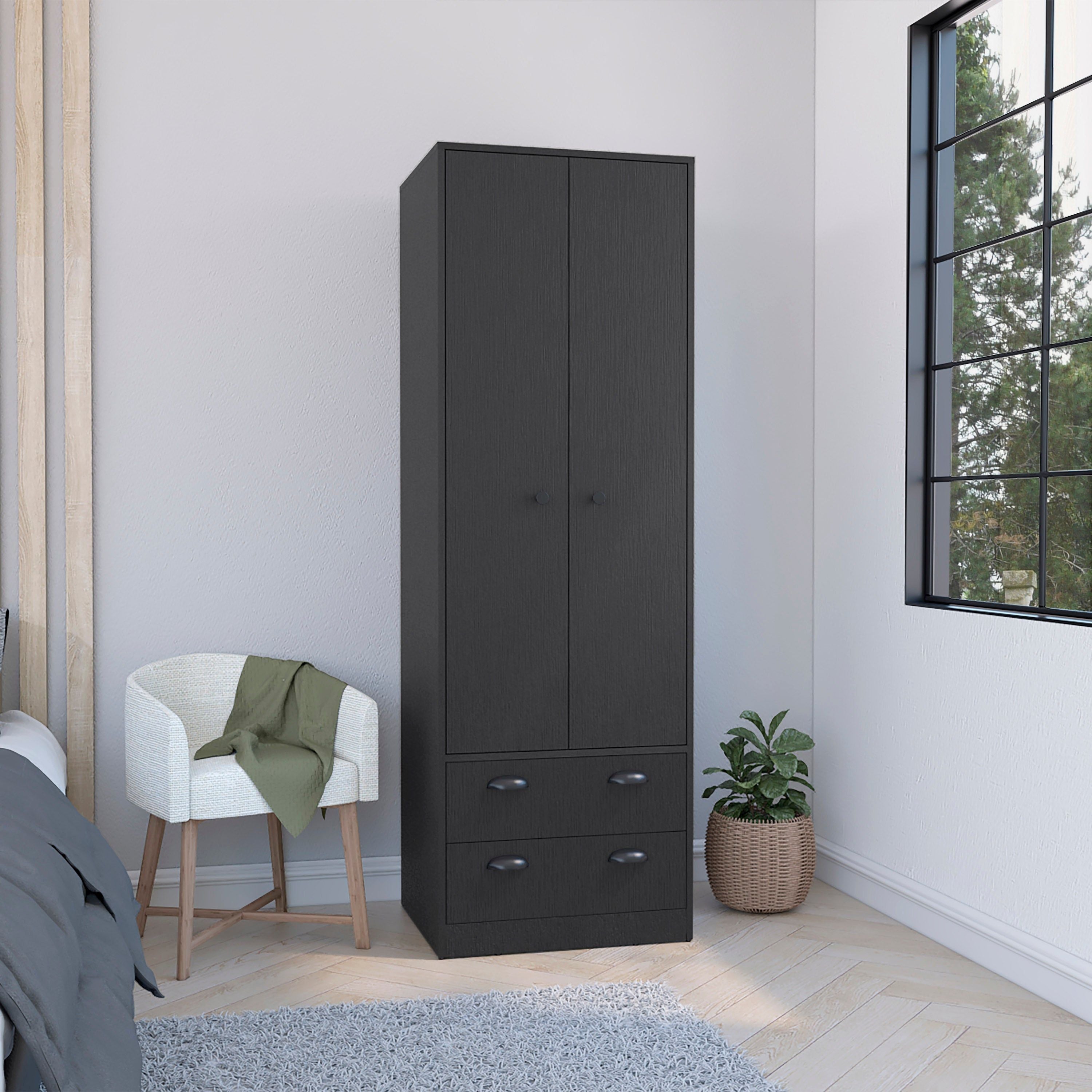 Armoire 70&quot; H With 2 Drawers And 2-Doors, Black