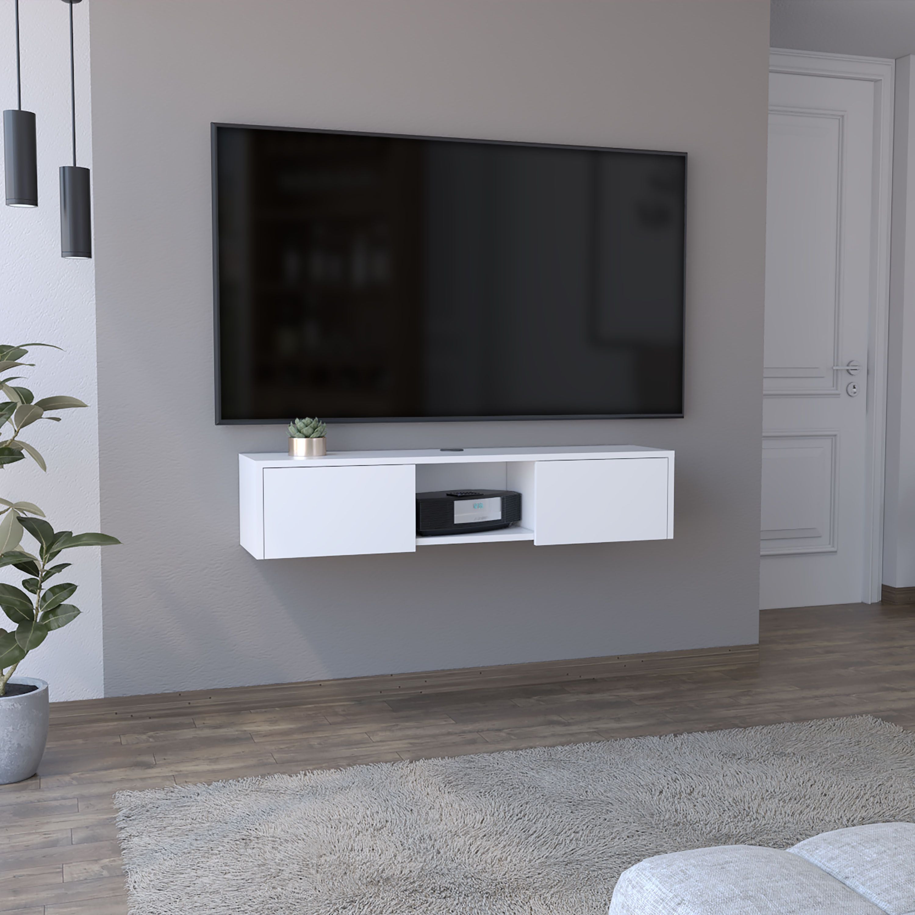Depot E-Shop Adel Floating Tv Stand, Sleek Wall-Mounted Console With 2-Doors, White