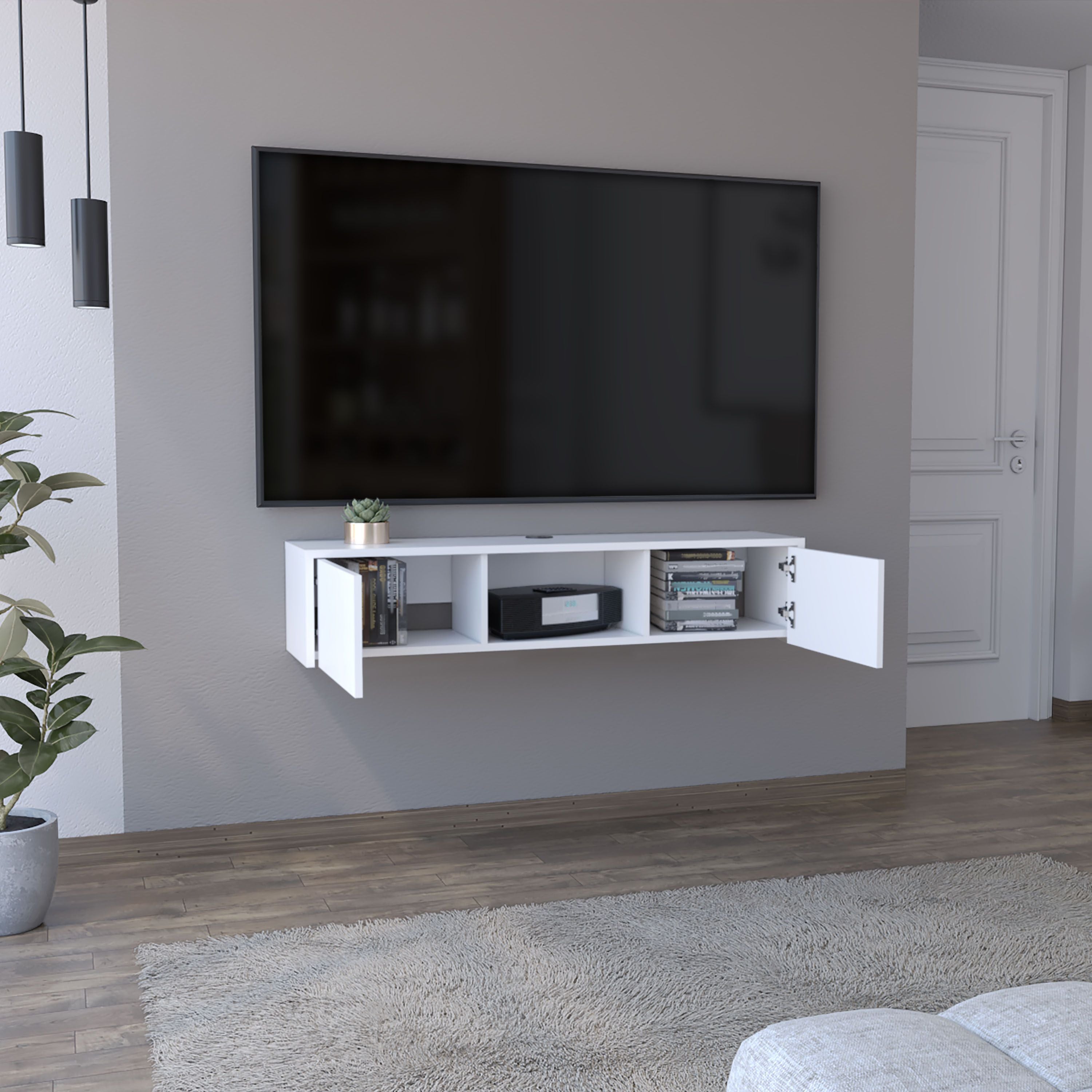 Depot E-Shop Adel Floating Tv Stand, Sleek Wall-Mounted Console With 2-Doors, White