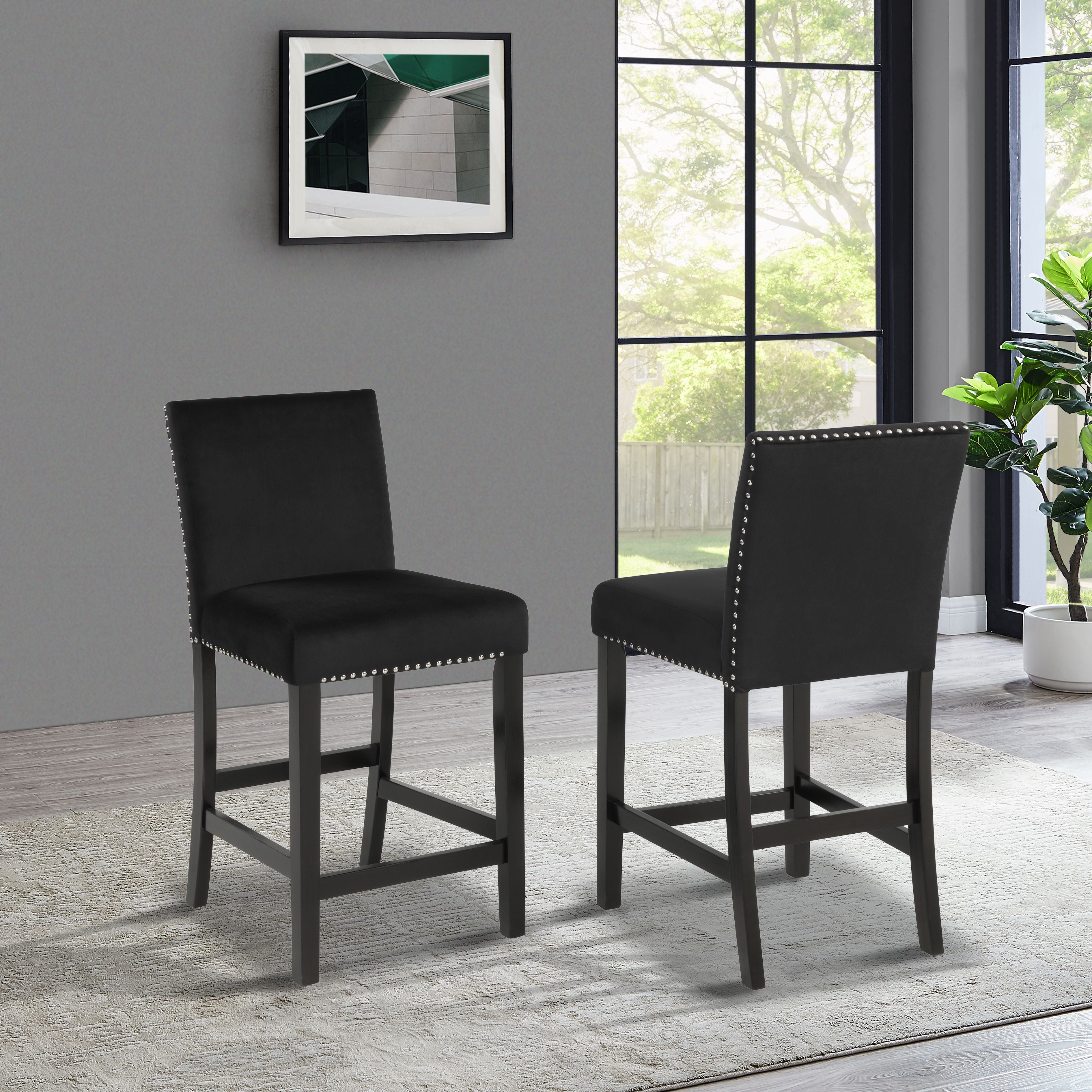 Cobre Contemporary Velvet Counter Stool with Nailhead Trim, Set of 2, Black