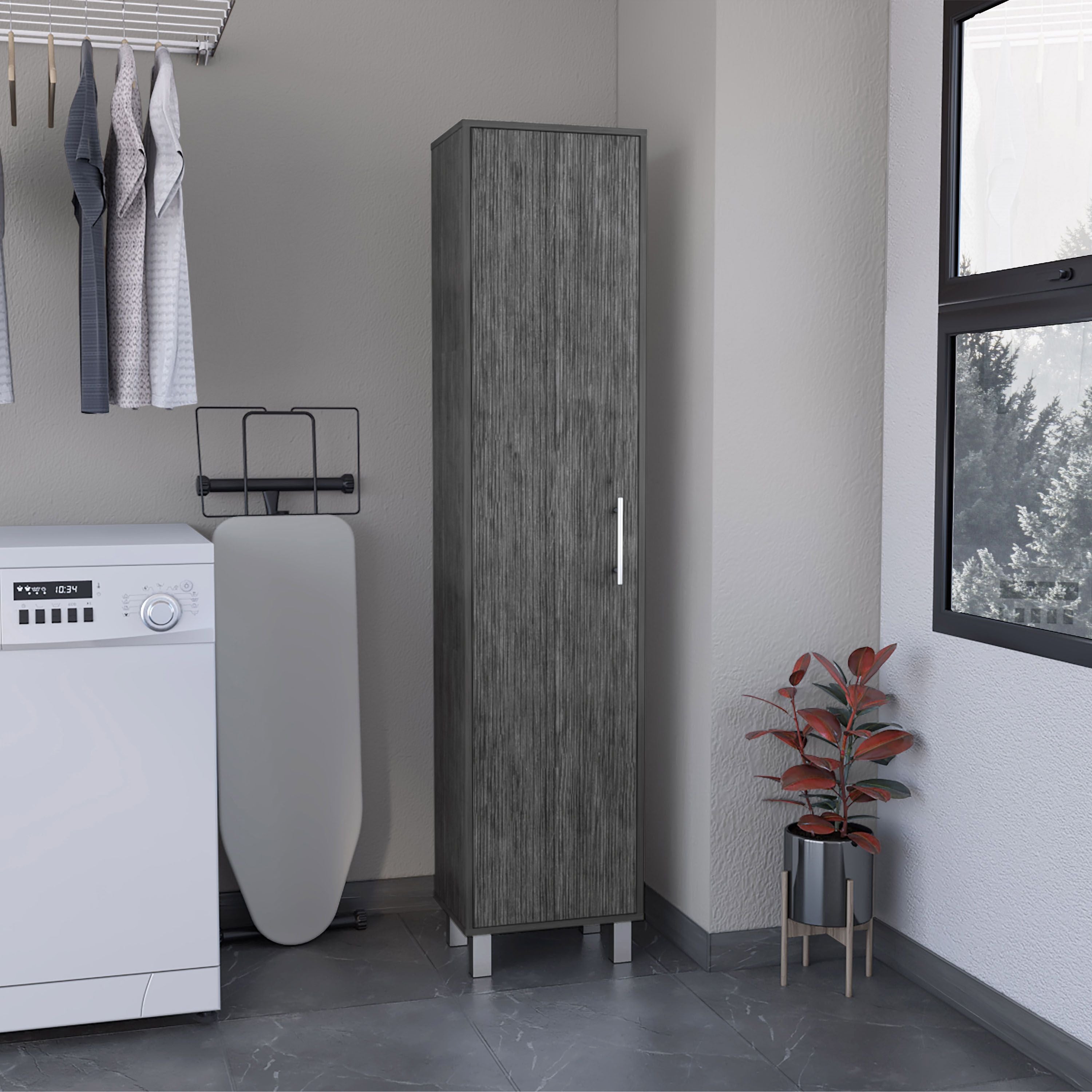 DEPOT E-SHOP Dryden Tall Narrow Storage Cabinet with 5-Tier Shelf and Broom Hangers, Smokey Oak