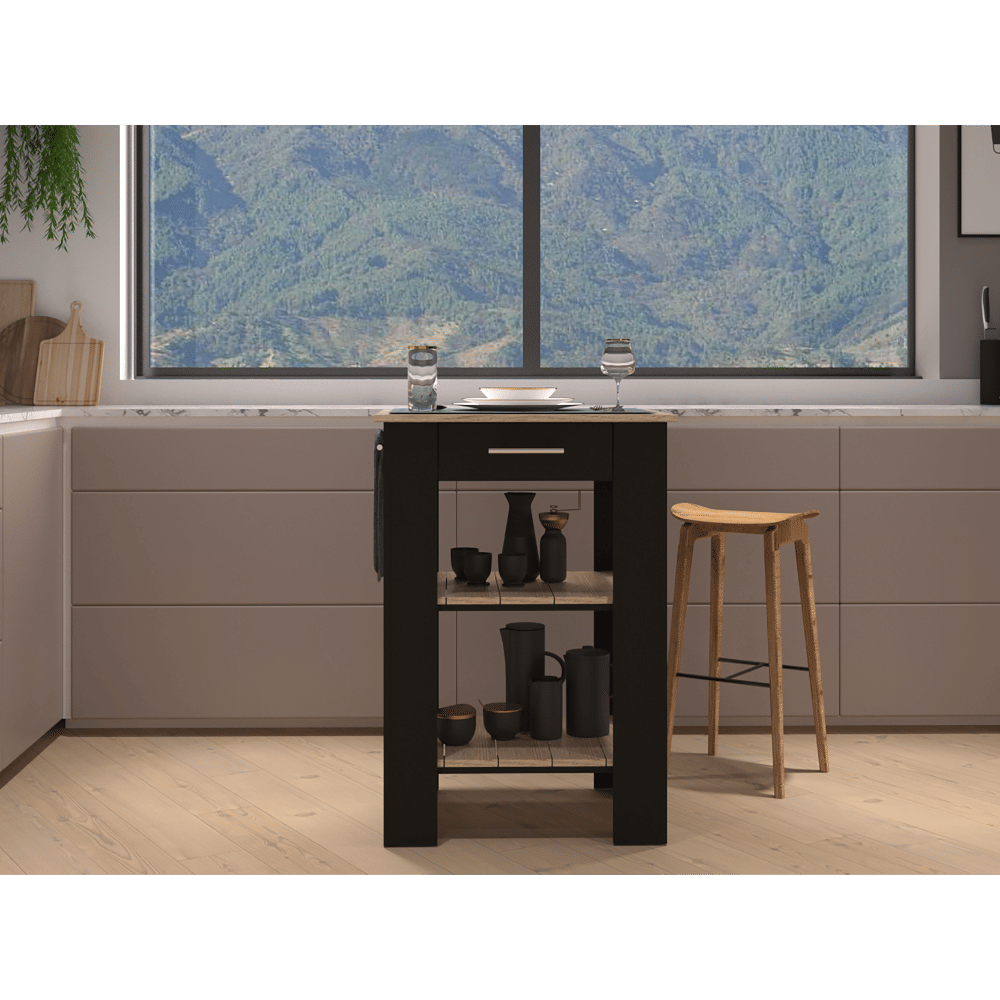 Kitchen Island 37&quot; H, 2-Open Storage Shelves, 1-Drawer, Towel Hanger, Black/Light Oak