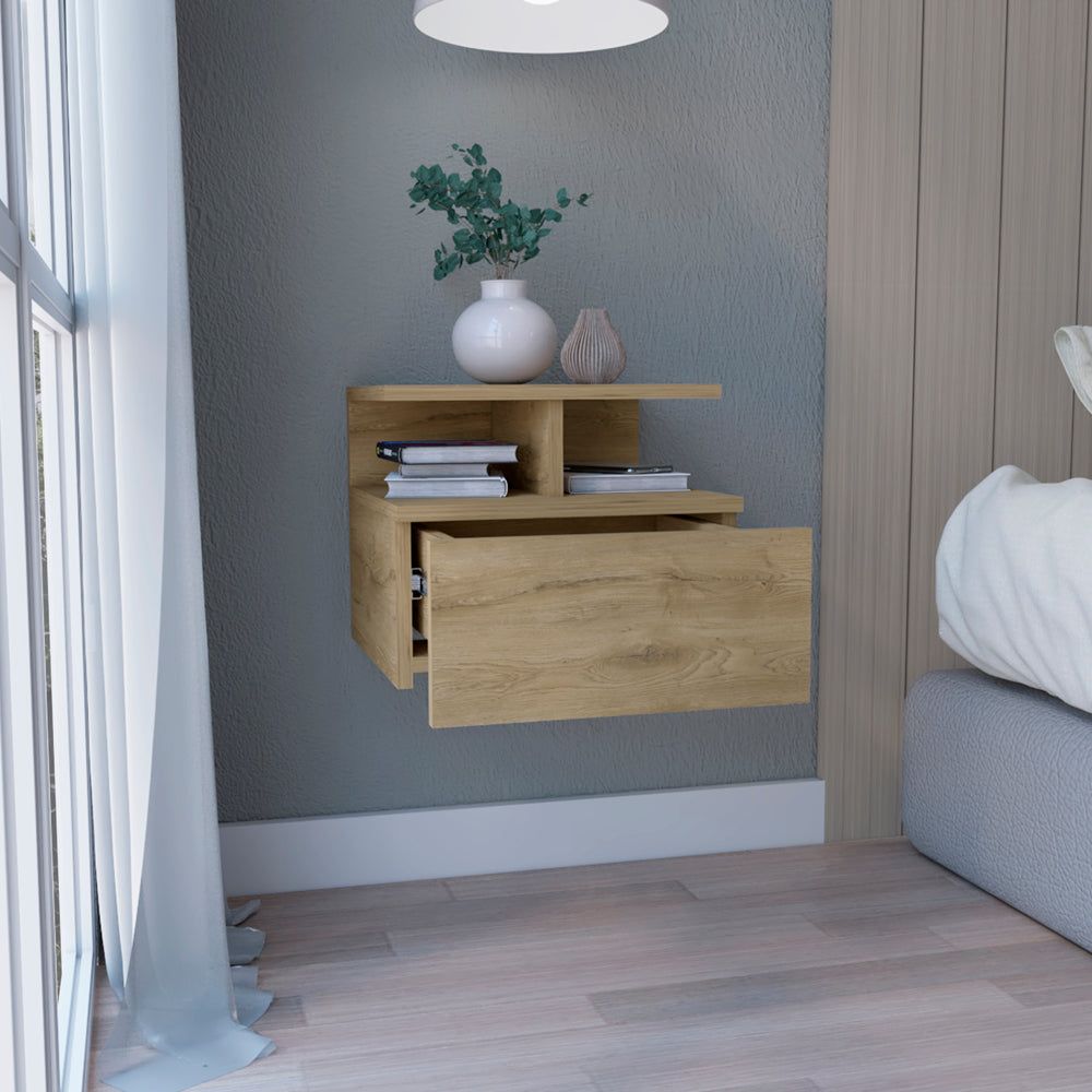 Depot E-Shop Seward Floating Nightstand, Wall Mounted With Single Drawer And 2-Tier Shelf, Macadamia