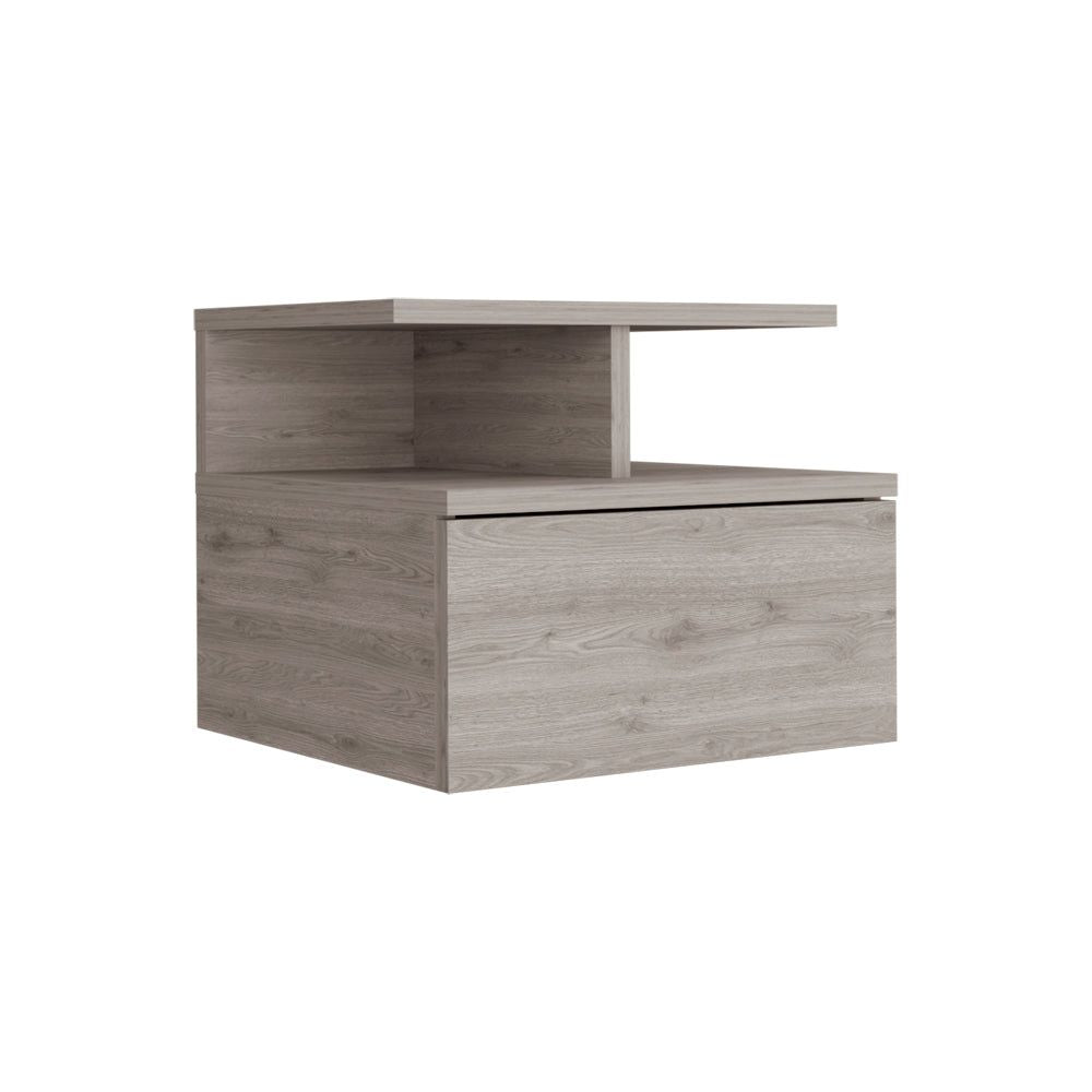 Depot E-Shop Seward Floating Nightstand, Wall Mounted With Single Drawer And 2-Tier Shelf, Light Gray