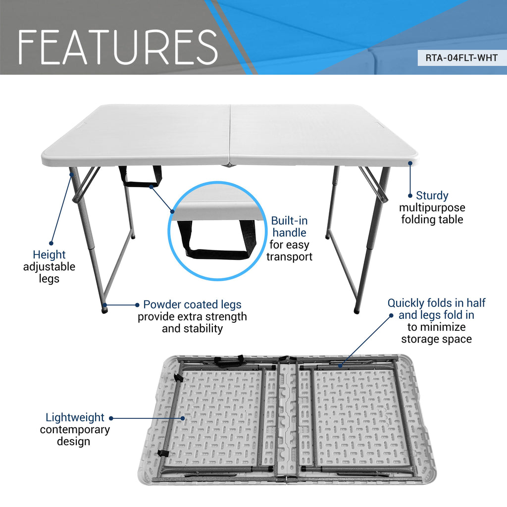 Techni Home Height Adjustable 4 Ft Granite White Folding Table – Premium 4 Foot Folding Table Ideal For Camping, Picnic, Party Or As Kids Table