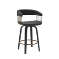 Maya 26 Inch Swivel Counter Chair, Black Faux Leather, Bronze Metal Slats